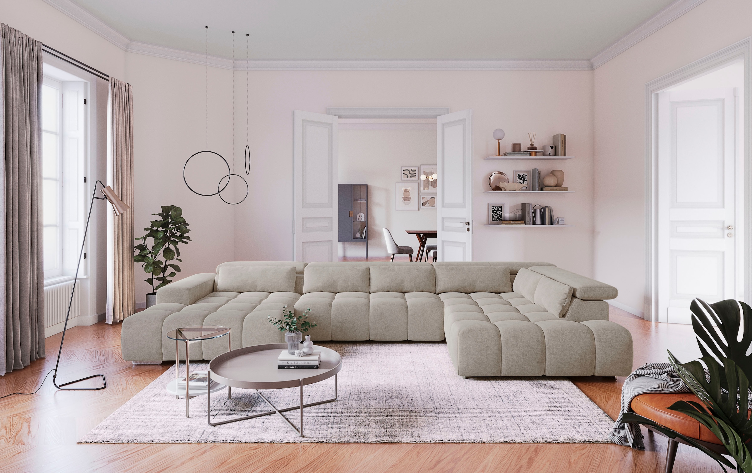 COTTA Wohnlandschaft "Orion U-Form XXL, B: 409 cm, bequeme Wellenunterfederung, top modern" mit Kopfteilverstellung & 6 Nierenkissen