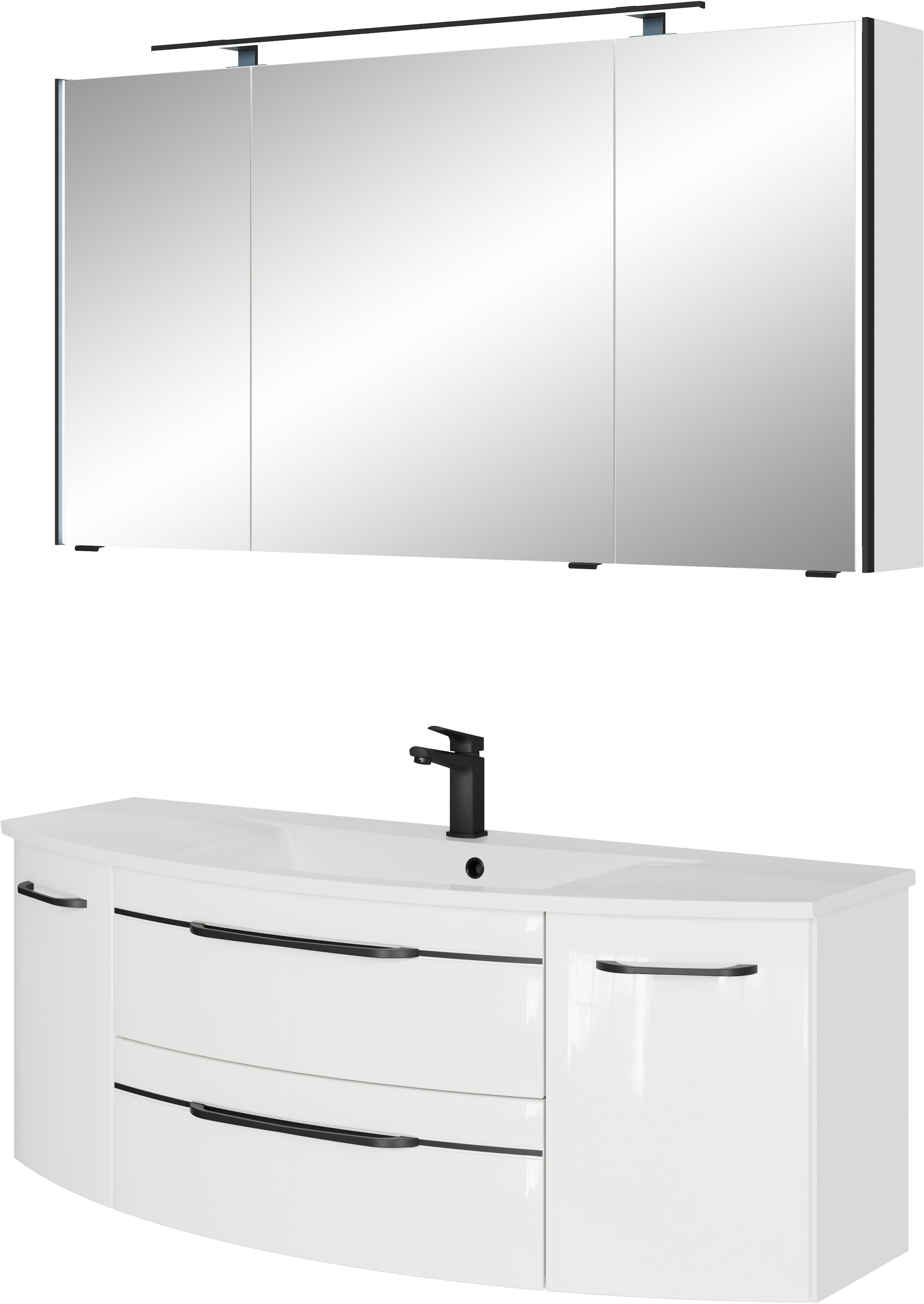 Saphir Badmöbel-Set »Serie 7045 2-teilig Mineralmarmor-Waschtisch mit LED-Spiegelschrank«, (Set, 2 St.), Badezimmer-Set 133,2 cm breit, inkl. Türdämpfer, 5 Türen, 2 Schubladen