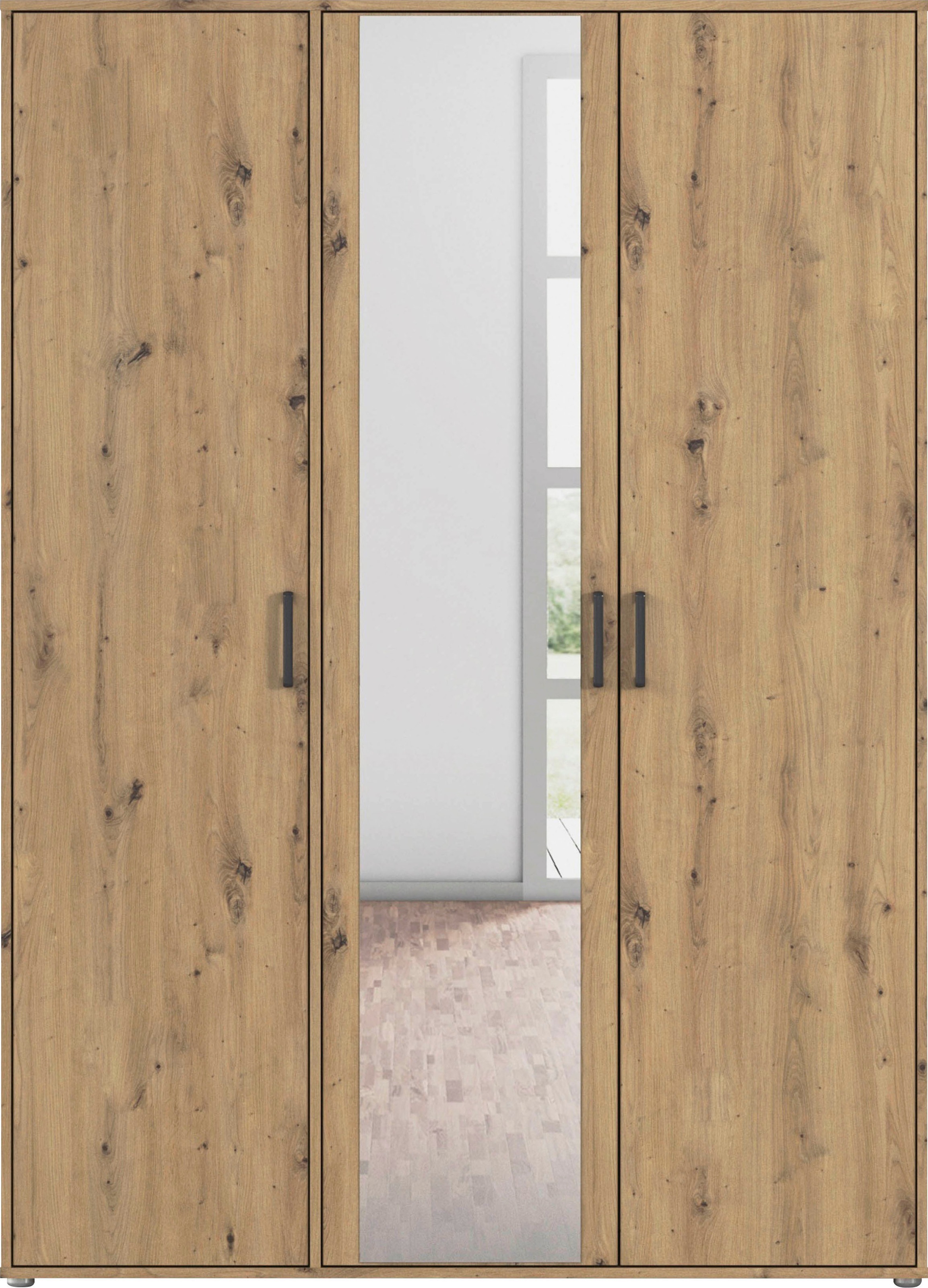 rauch Drehtürenschrank »Kleiderschrank Schrank Garderobe Wäscheschrank VOYAGER«, (in 3 verschiedenen Ausstattungen BASIC/CLASSIC/PREMIUM), mit modernen Griffen in Graumetallic und Spiegel