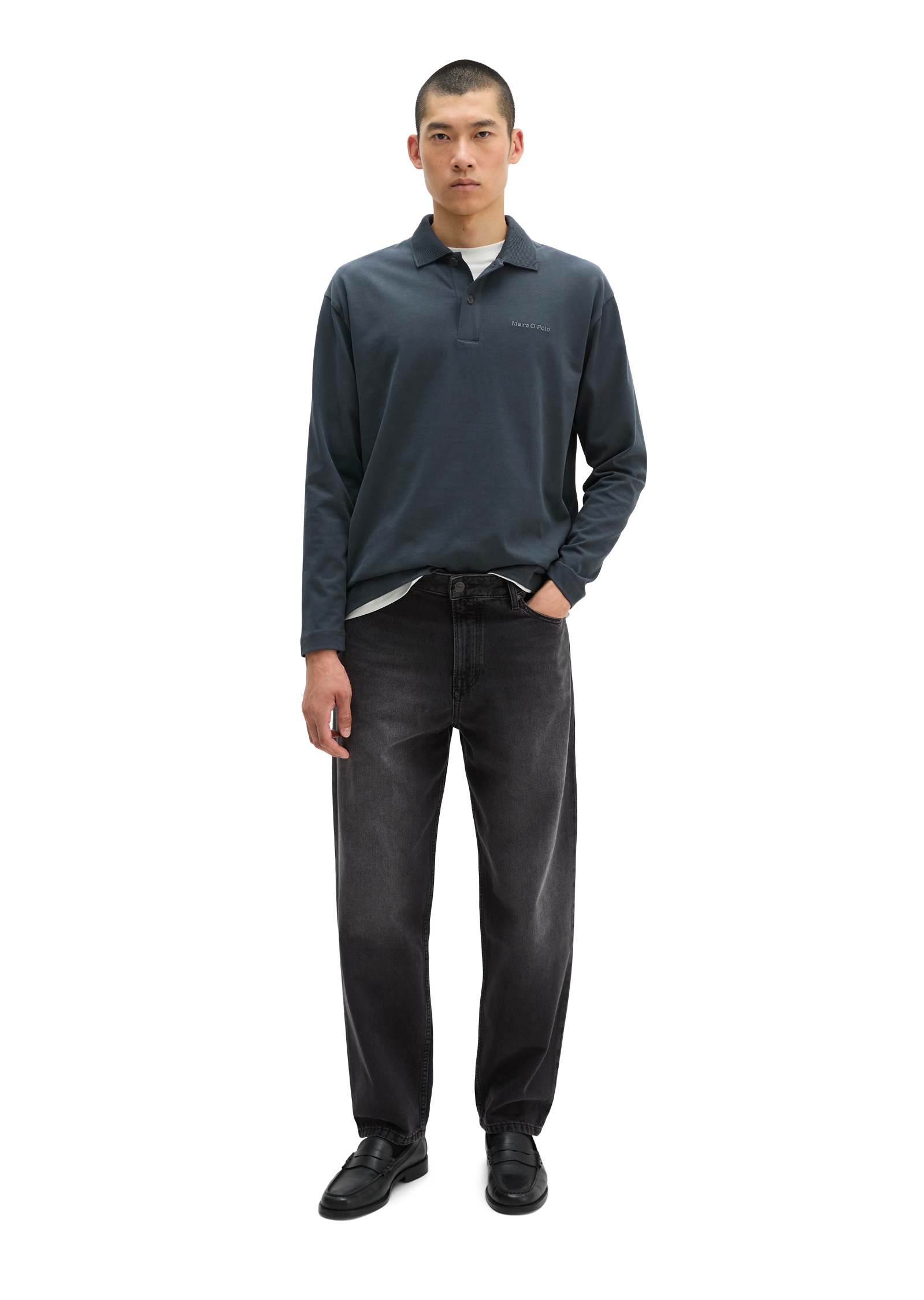 Marc O'Polo Langarm-Poloshirt relaxed aus schwerem Bio-Baumwoll-Jersey