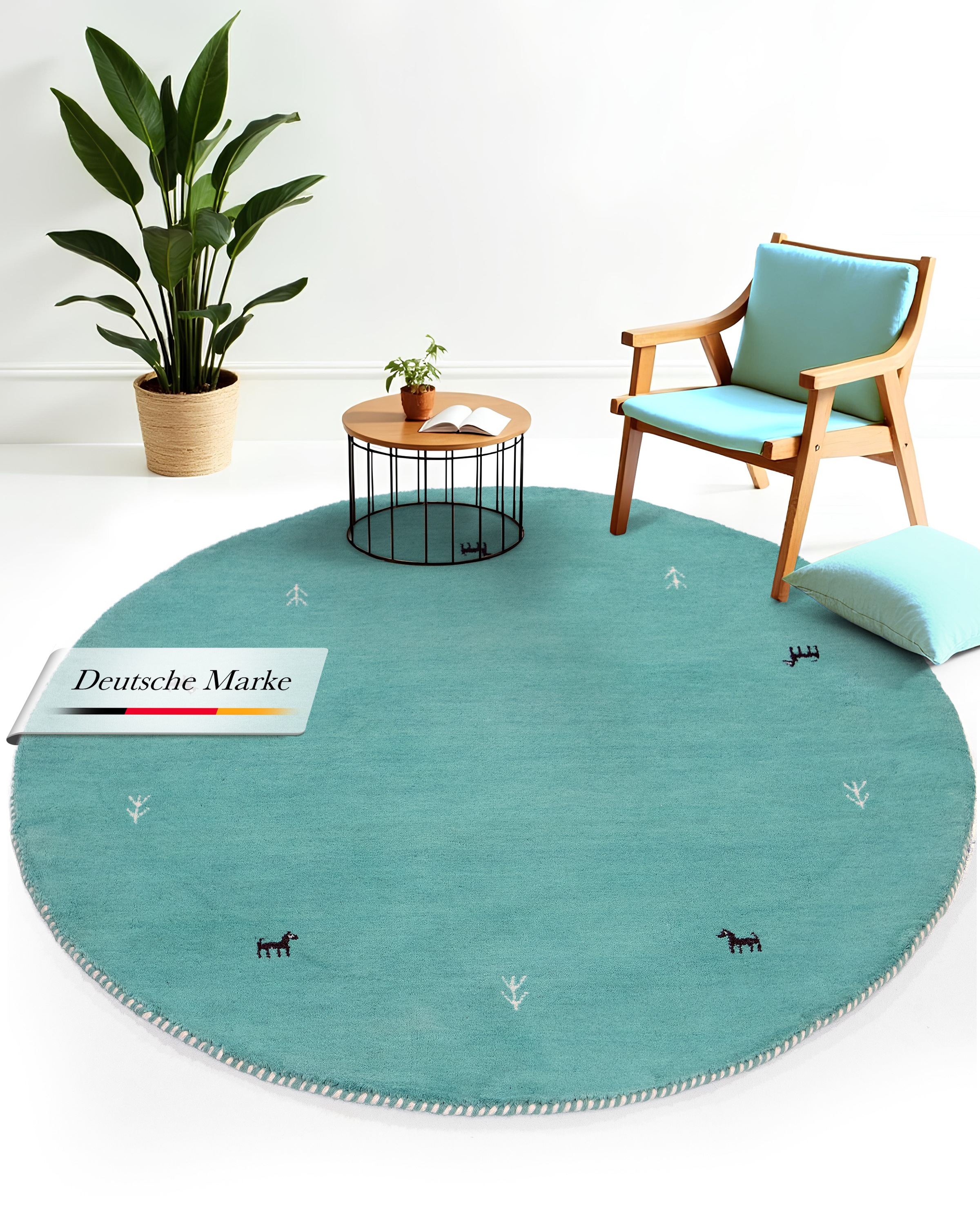 Wollteppich CARPETFINE "Gabbeh Uni", blau (türkis), H:15mm Ø:300cm, Wolle, Teppiche, reine Wolle handgewebt, Gabbeh Tiermotiv warmes Raumklima viele Größen