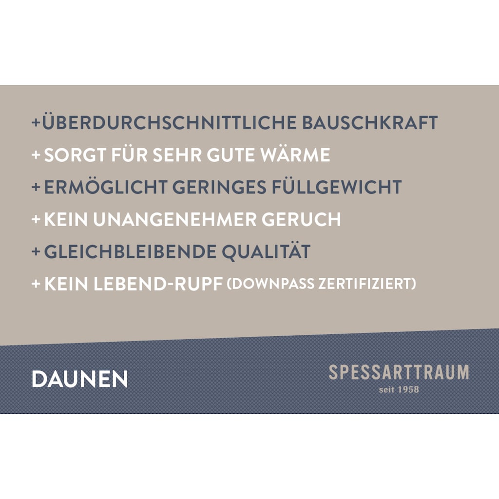 SPESSARTTRAUM Daunenbettdecke »Exklusiv, Bettdecken für Sommer und Winter, Decke«, leicht, Füllung 100% Daunen, Klasse 1, Downpass zertifiziert, Bezug 100% Baumwolle, nachhaltig (Made in Green), Hausstauballergiker geeignet, (1 St.)