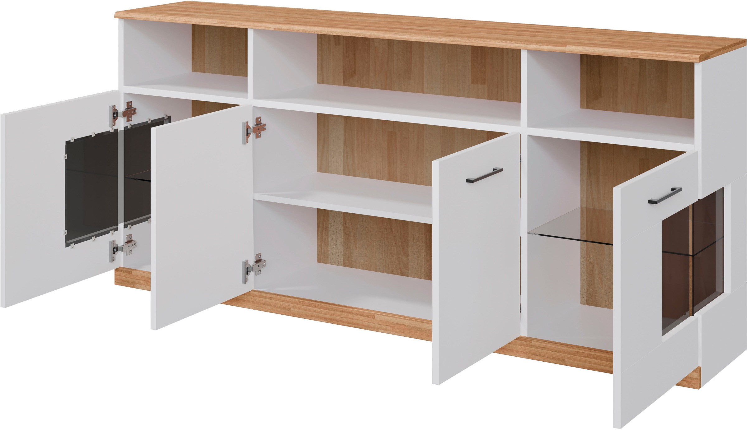 Home affaire Sideboard »Ribe,180cm breit, 9 Fächer«, Oberplatte Massivholz,schwarze Metall Griffe,2 Türen mit Glaseinsatz
