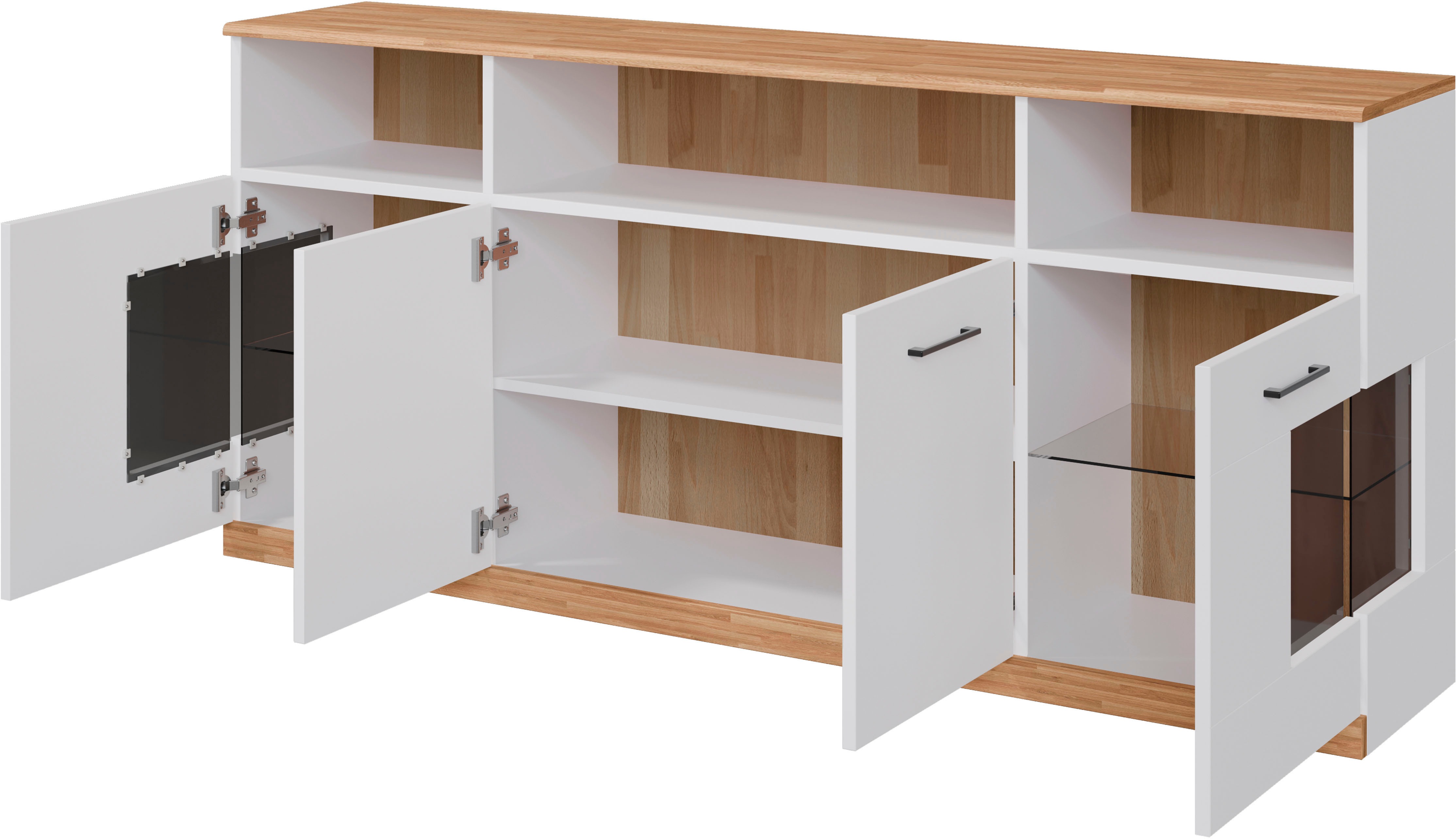 Thumbnail - Home affaire Sideboard "Ribe,180cm breit, 9 Fächer", Oberplatte Massivholz,schwarze Metall Griffe,2 Türen mit Glaseinsat...