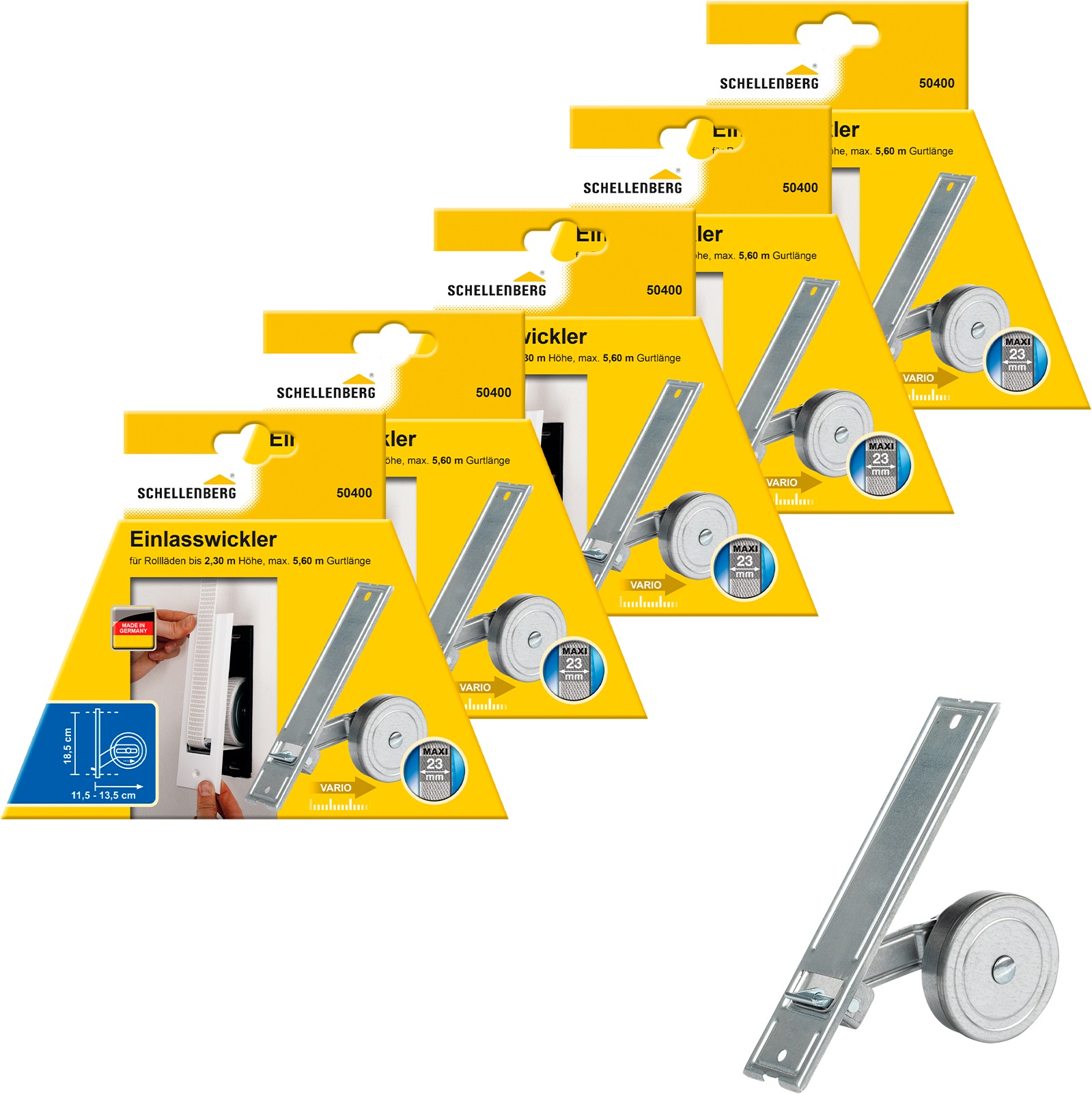 SCHELLENBERG Einlass-Gurtwickler "für das Rollladensystem Maxi, Lochabstand 18,5 cm, Unterputz-Montage", 5 Stk., silber, Gurtwickler, für