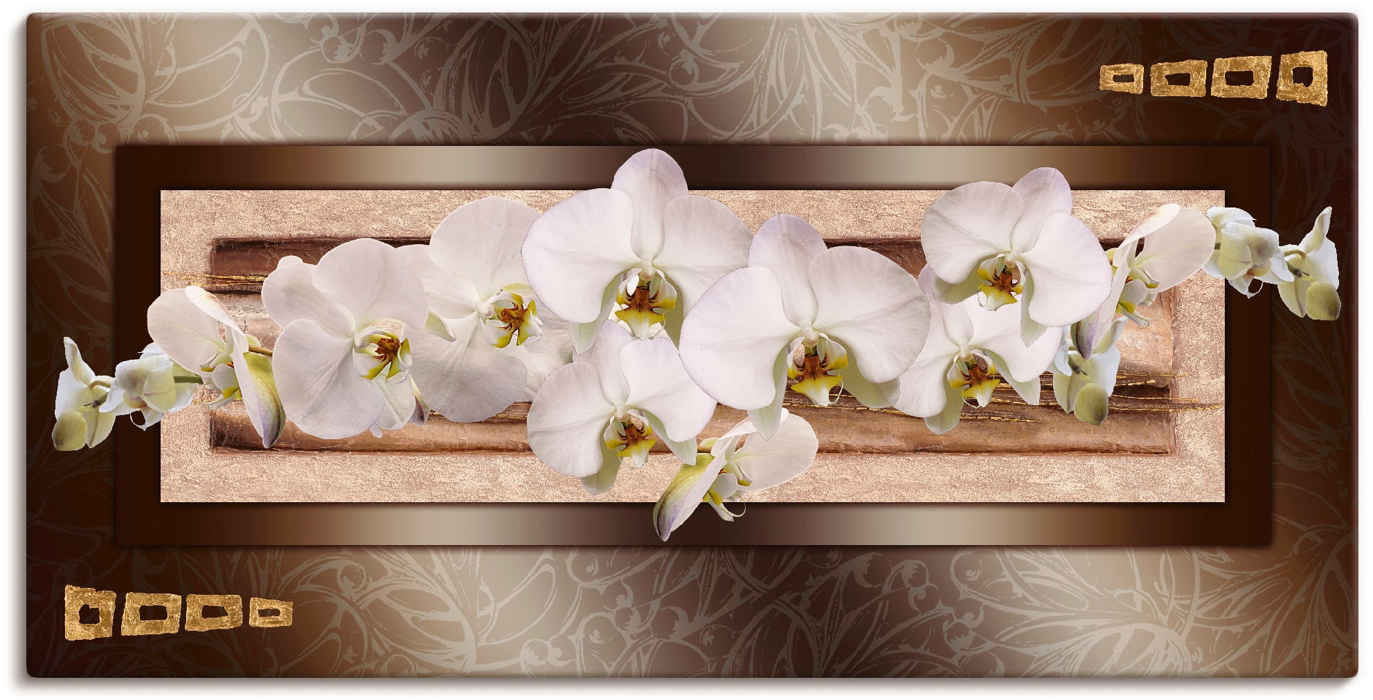 Black Friday Artland Wandbild »Weiße Orchideen mit goldenen Vierecken«,  Blumen, (1 St.), als Leinwandbild, Wandaufkleber oder Poster in versch.  Größen | BAUR
