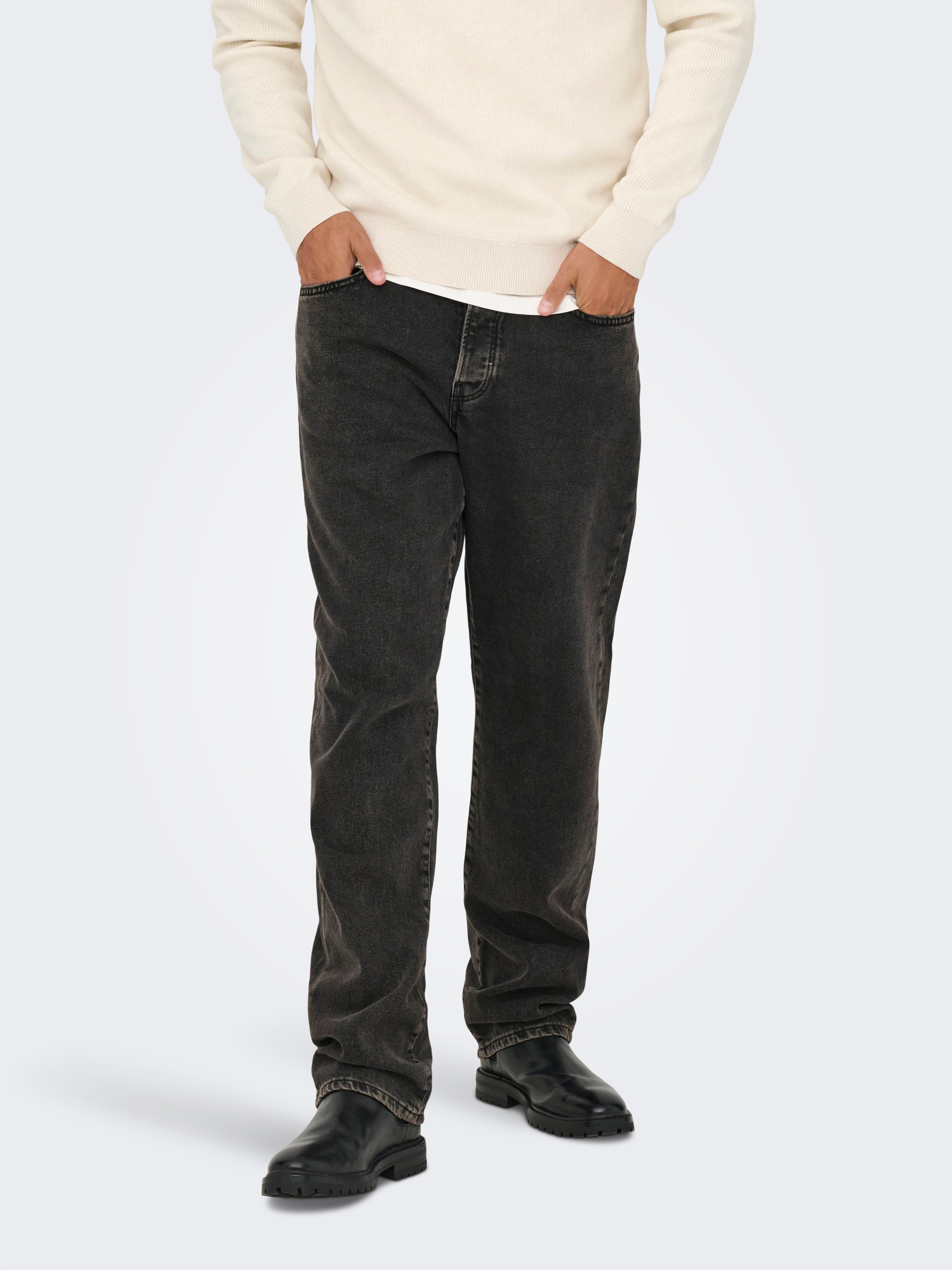 Regular-fit-Jeans ONLY & SONS "ONSEDGE STRAIGHT BOX TAI DNM MU OTL", Herren, Gr. 31, Länge 34, schwarz (washed schwarz), Denim/Jeans, Obermaterial: 100% Baumwolle, Abriebeffekte, regular fit, Jeans