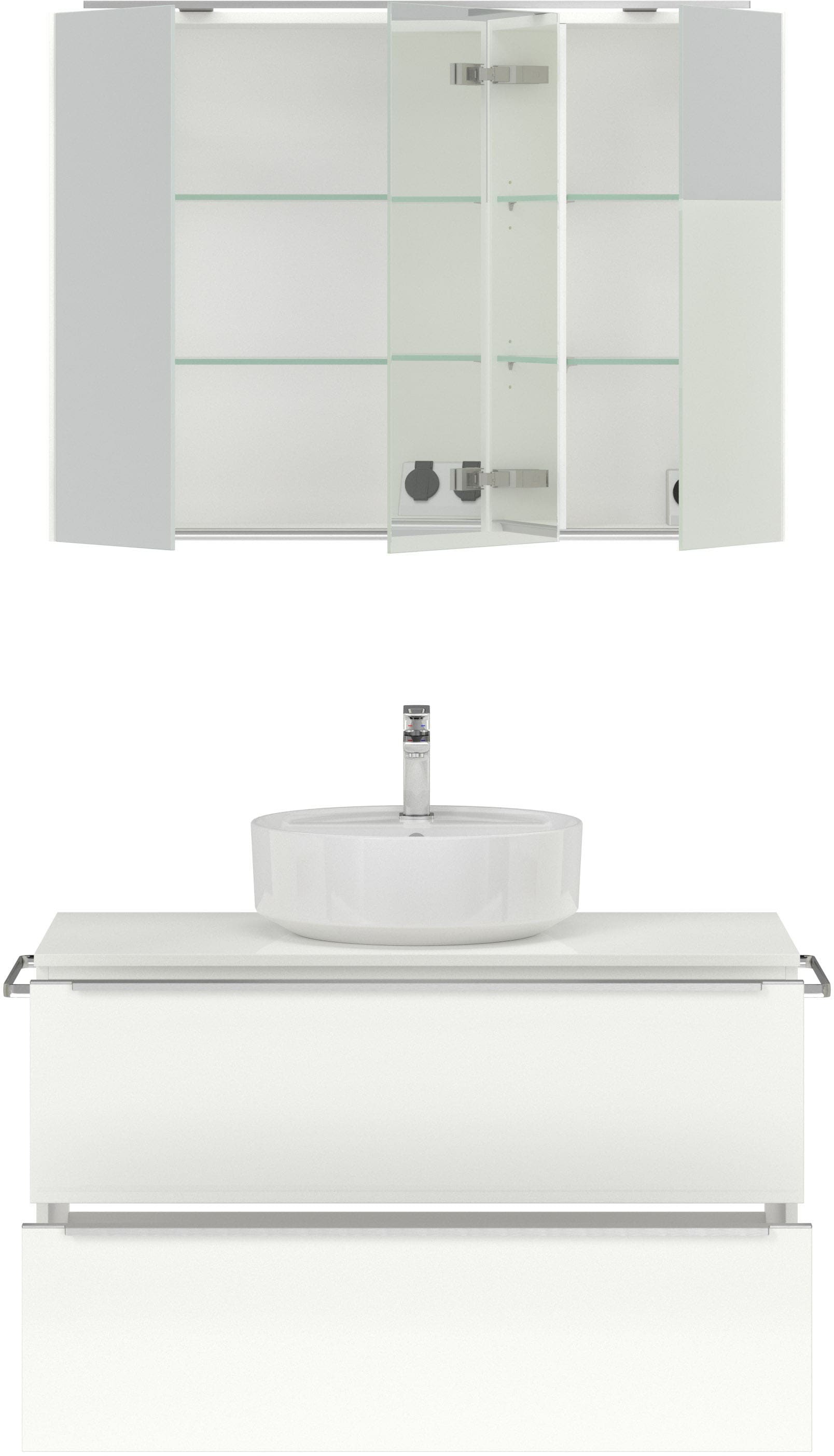 nobilia® Badmöbel-Set »Alvene«, (2 St., vormontiert, mit Soft-Close), inkl. Spiegelschrank mit Beleuchtung und Dimmerfunktion, in 4 Breiten