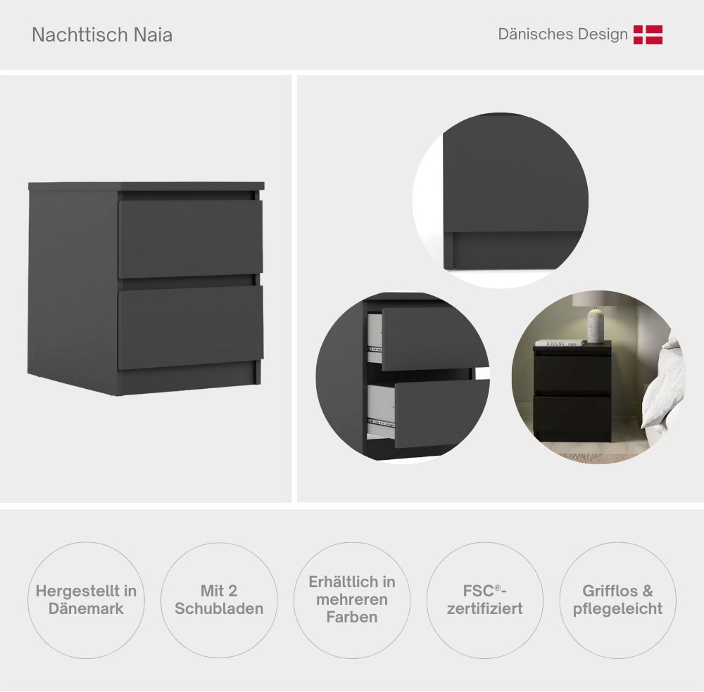 Thumbnail - INOSIGN Nachttisch "Naia, 2 Schubladen, Aufbewahrung für das Schlafzimmer, grifflose Front" Modern, skandinavisches Desi...
