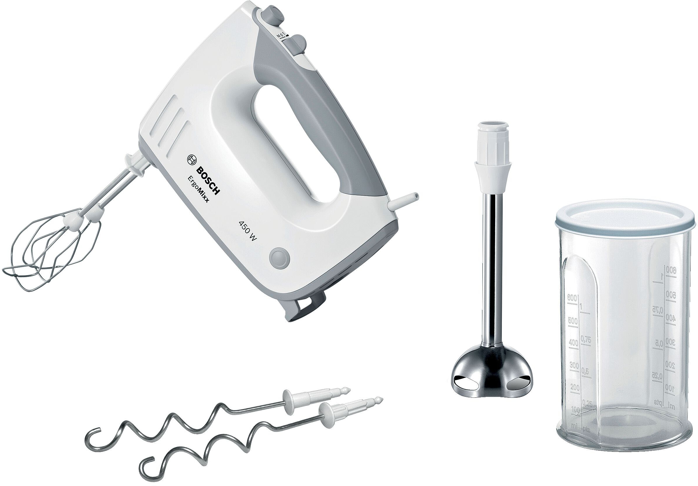 BOSCH Handmixer "ErgoMixx MFQ36470, Edelst. Rührbesen/Knethaken, Mixfuß, 5 Stufen, weiß", 450 W, Turbotaste, Mixbecher, 