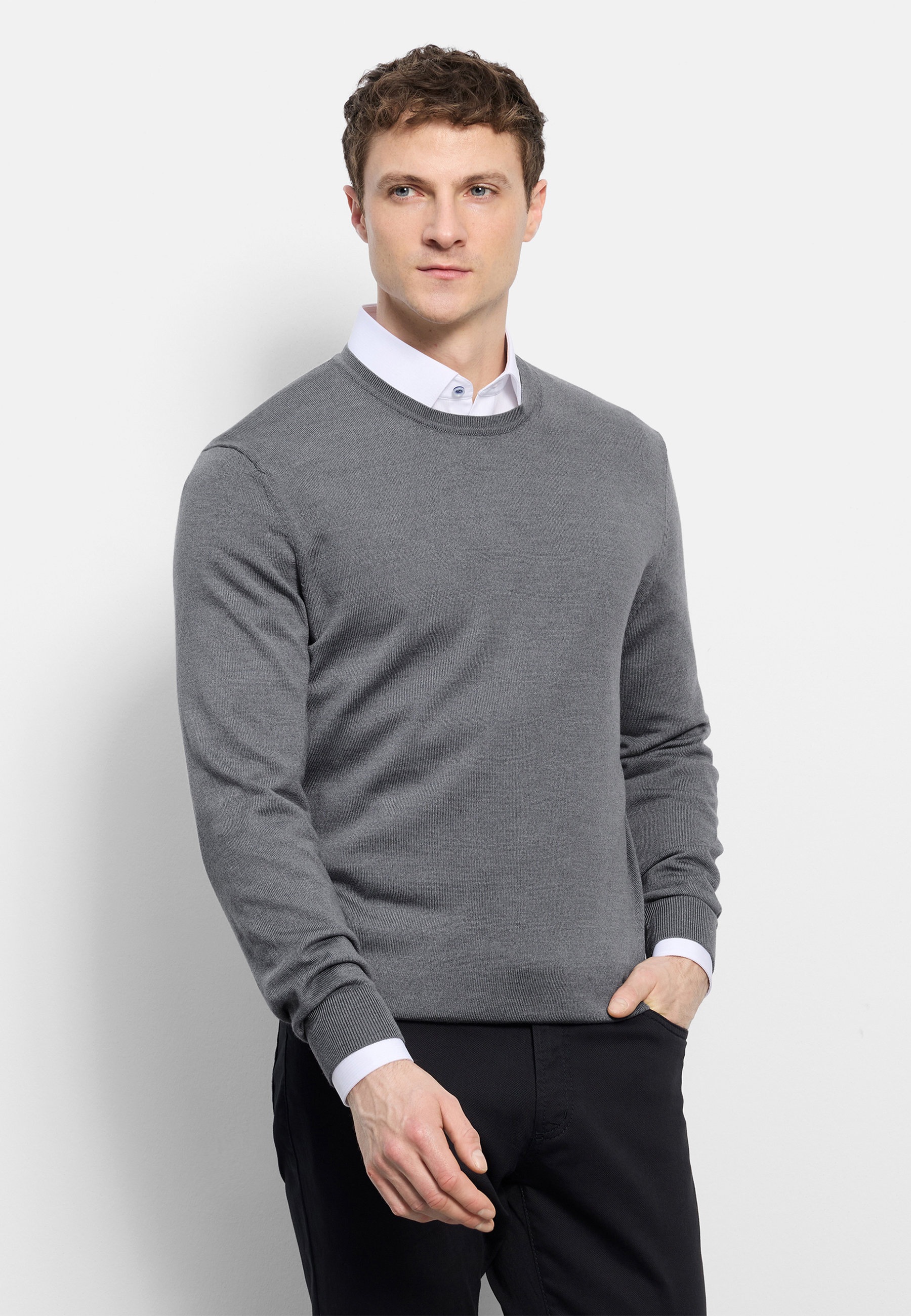 Rundhalspullover OLYMP "OLYMP Strick Casual", Herren, Gr. XXL, grau (silbergrau), Obermaterial: 100% Schurwolle, normal, Rundhals, Pullover Rundhalspullover, moderner Strickpullover