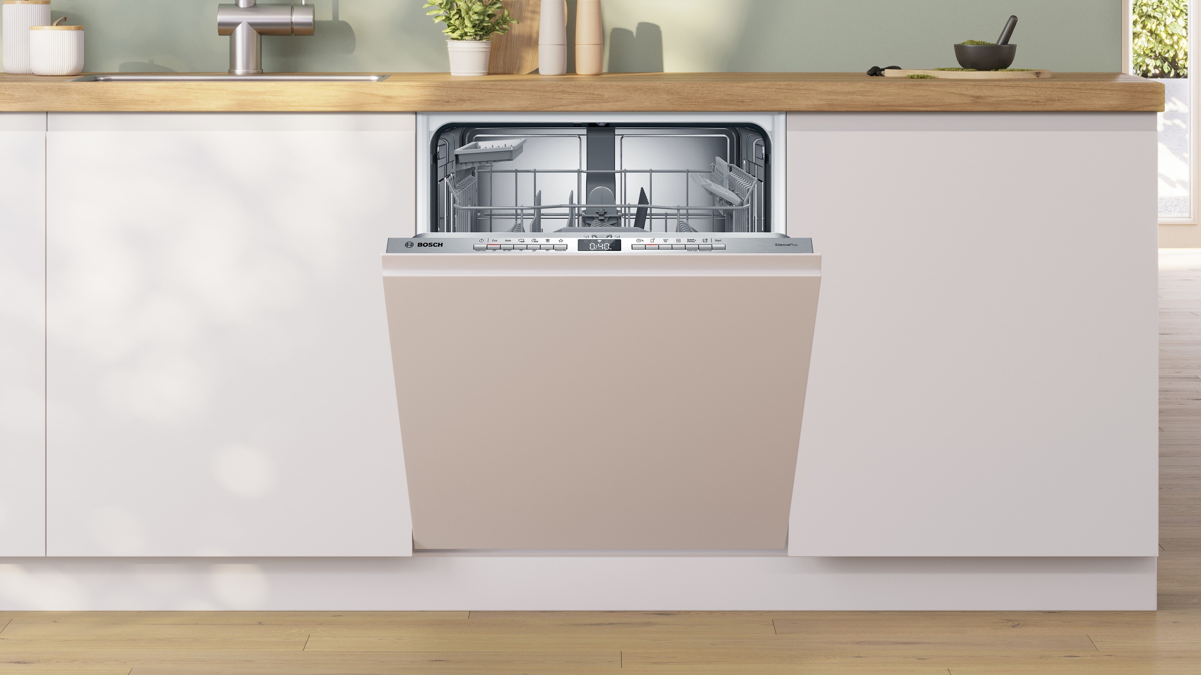 BOSCH vollintegrierbarer Geschirrspüler Serie 4 "SMV4EAX28E" 13 Maßgedecke Automatische Türöffnung für Effizienz, Info Light