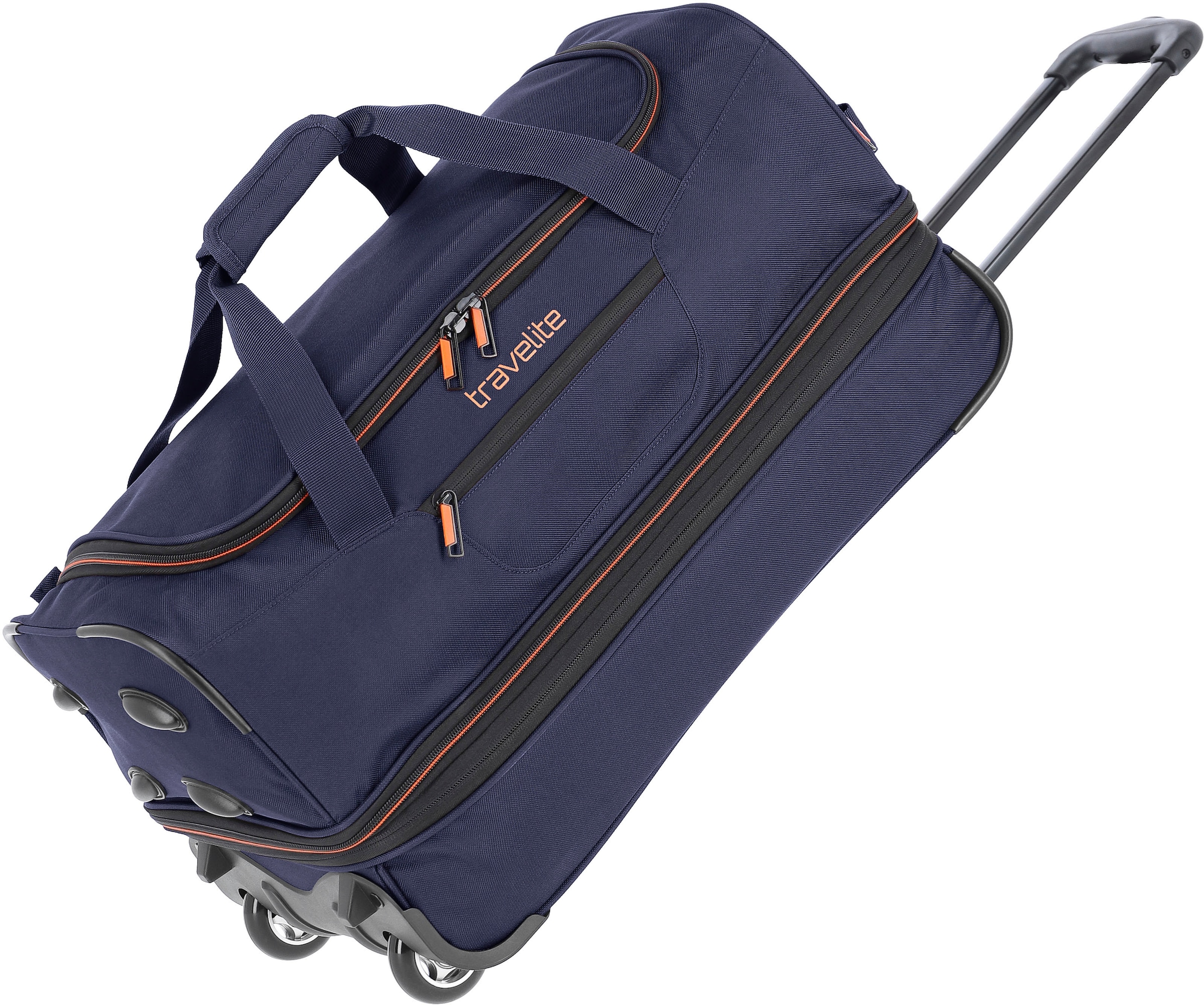 travelite Reisetasche "Basics, 55 cm, marine/orange", Duffle Bag Sporttasche mit Trolleyfunktion und Volumenerweiterung
