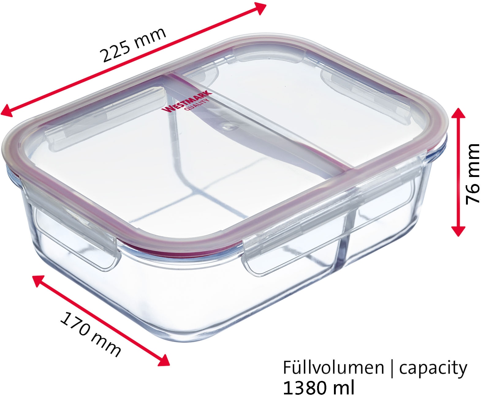WESTMARK Frischhaltedose »Glas-Frischhaltedose 1380 ml, mit 2 separaten Fächern«, (1 tlg.), mikrowellen- und ofenfest, 1380 ml = 850 + 530 ml