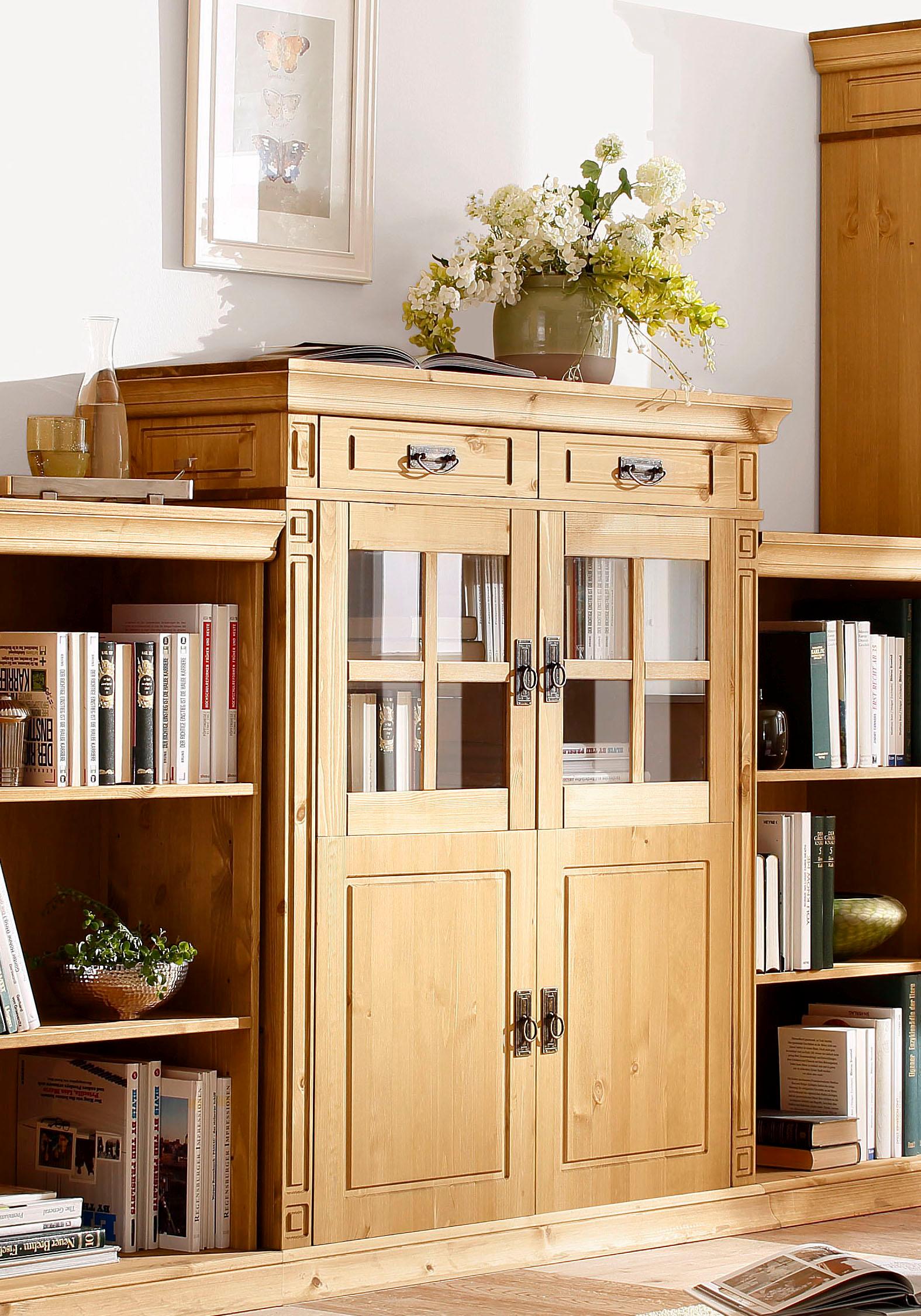 OTTO home Highboard "Vinales, 2 Schubladen, 4 Türen, 3 Einlegeböden, Griffe im Jugendstil" Vitrine, Messinggriffe im Jugendstil