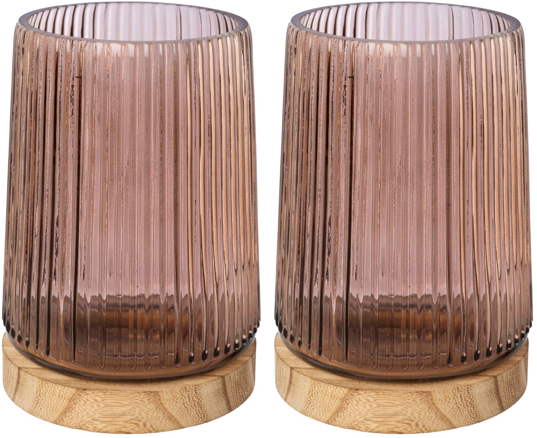 Windlicht »TRIEST«, (Set, 2 St.), Kerzenhalter aus Glas, mit Holzfuß