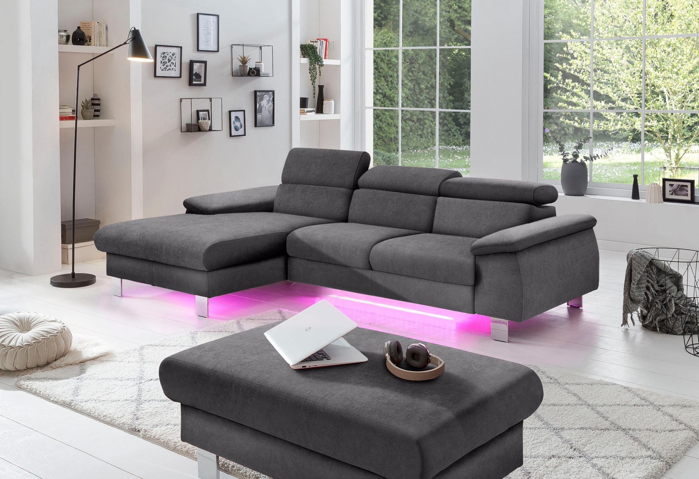 Ecksofa Komaris, Ecksofa, wahlweise mit RGB-LED-Beleuchtung und Bettfunktion/Bettkasten