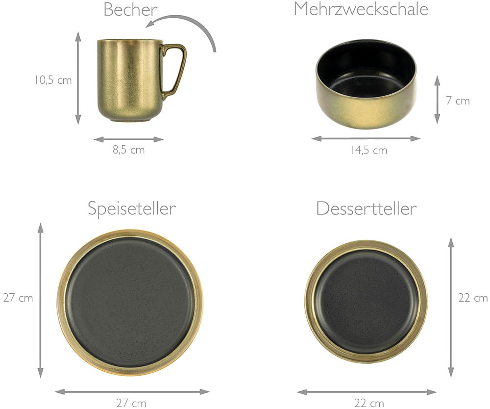 CreaTable Kombiservice »Modern Industrial«, (Set, 16 tlg., Kaffeeservice und Tafelservice im Set, für 4 Personen), Service, Spezialglasur, glänzende Sprenkel, 16 Teile, für 4 Personen