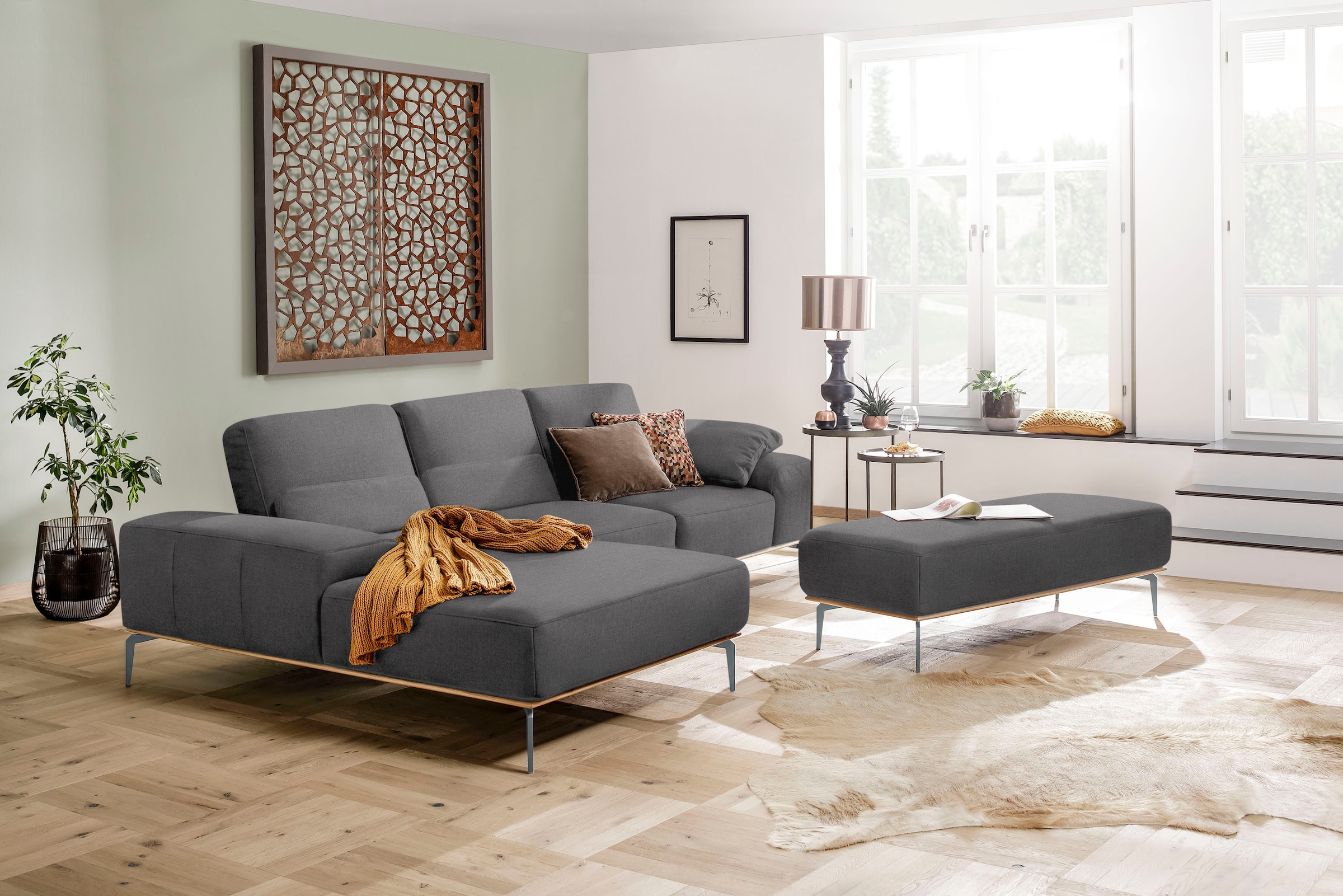 W.SCHILLIG Ecksofa »run, Designsofa mit tollem Sitzkomfort, bequem, L-Form«, mit elegantem Holzsockel, Füße in Silber matt, Breite 299 cm