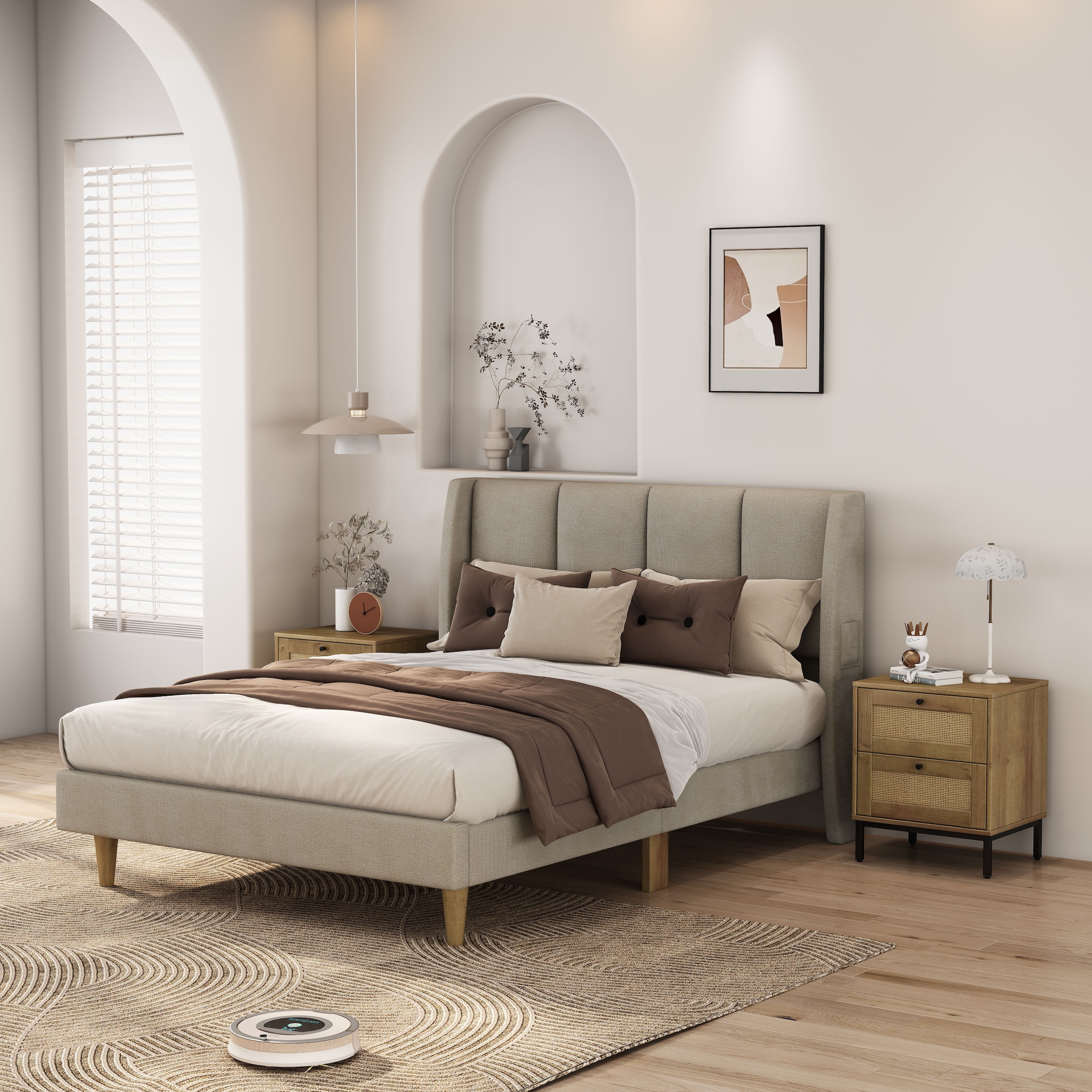 OTTO home Nachtkommode »Motala Nachtschrank Set BOHO Style mit Geflecht Schubladen Bestseller« Set, 2 Schränke im Set - Eichen-Design mit schwarzen Griffen, 