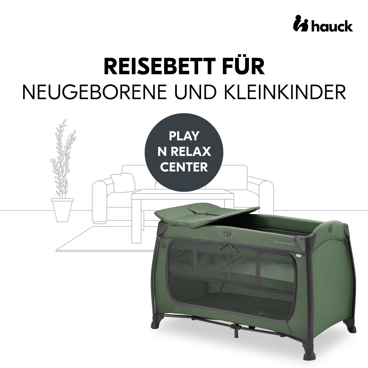 Hauck Baby-Reisebett »Play N Relax Center, darkgreen«, inkl. Neugeboreneneinhang, Wickelmulde, Ausstieg, Räder