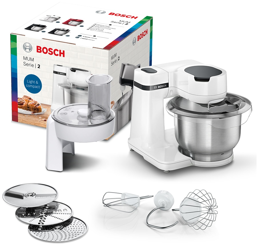 BOSCH Küchenmaschine "MUMS2EB01 MUM Serie 2", B:26,6cm H:26,6cm T:27,7cm, grau, Küchenmaschinen, Durchlaufschnitzler, 3 Reibescheiben, Patisserieset