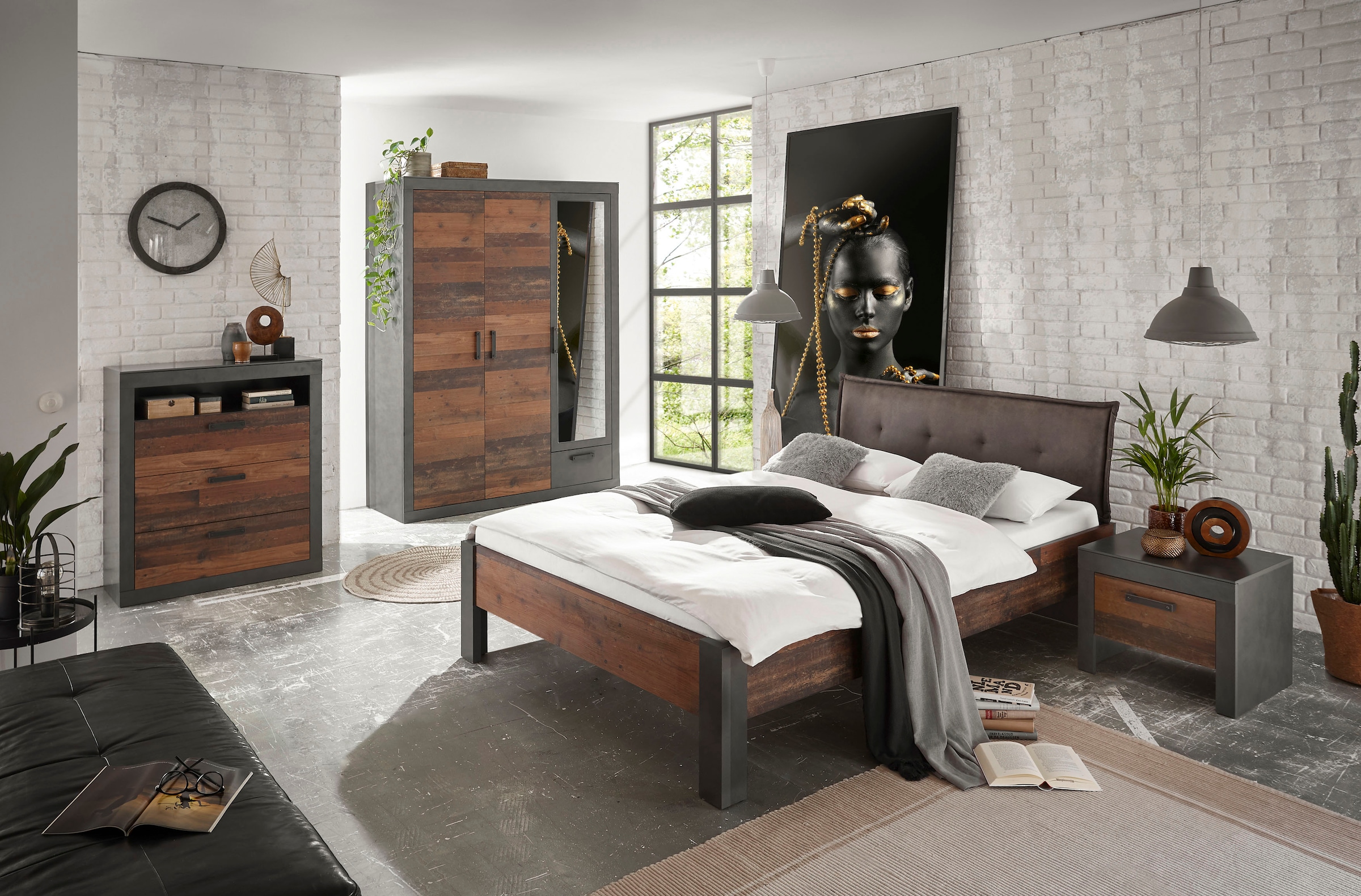 Home affaire Schlafzimmer-Set "BROOKLYN", (Set, 4 tlg., mit Polsterkopfteil, Nachtkommode, Kleiderschrank 3 trg., Kommod