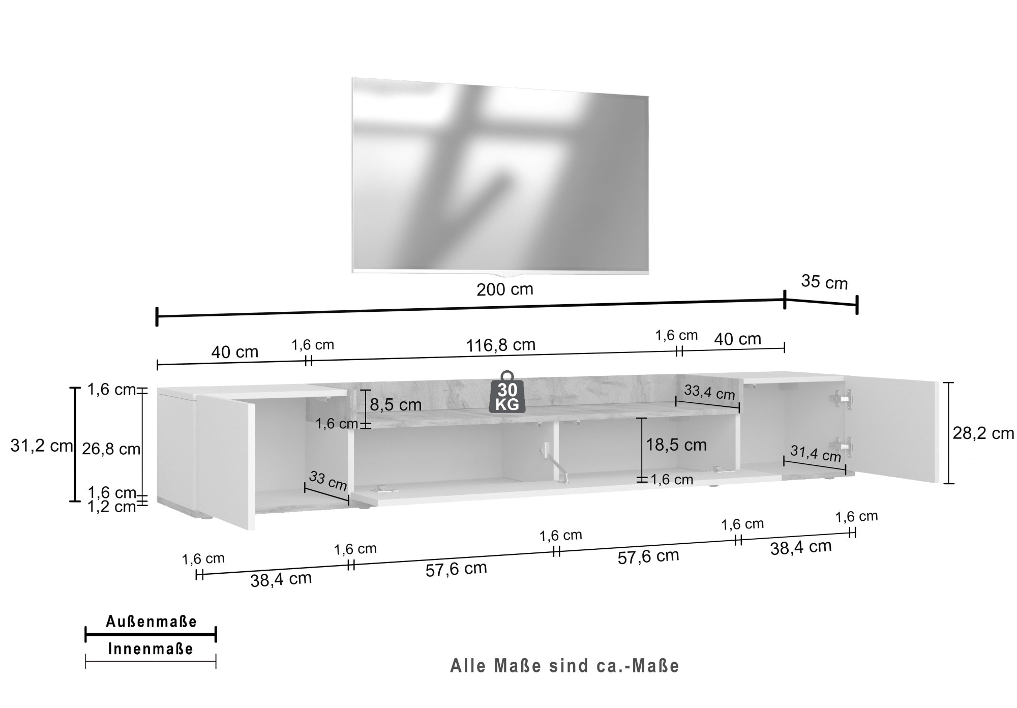 OTTO home Lowboard »BOLSENA,TV-Kommode, TV-Möbel,TV-Bank, 4 Fächer und offenes Ablagefach« 1 Stk. tlg. stehend/hängend montierbar, Made in Italy, B/T/H: 200 × 35 × 31,2 cm