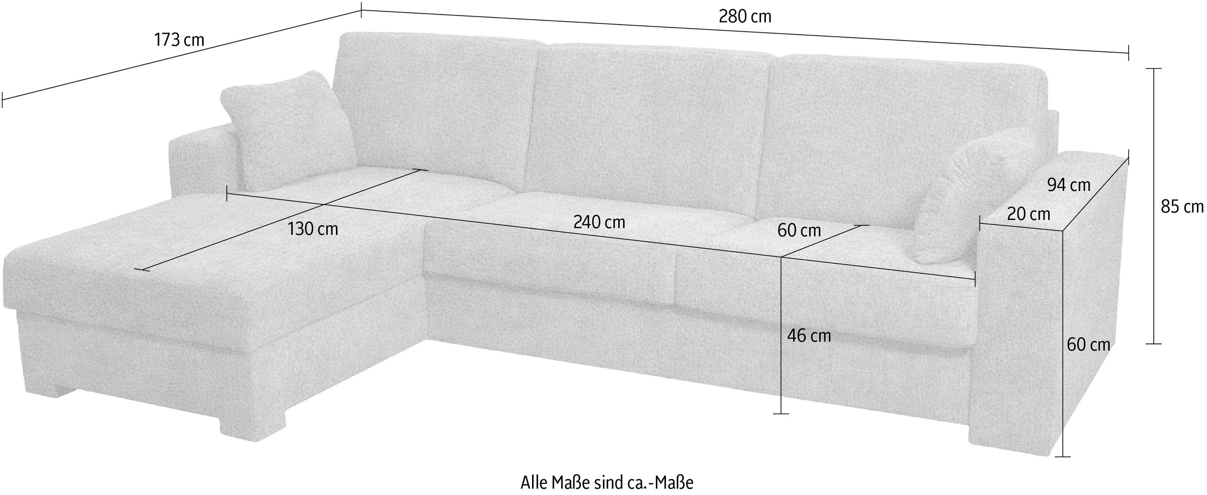 Home affaire Ecksofa »Roma "M" Matratzenhöhe 14 cm, Dauerschlaffunktion, mit Unterfederung,«, Liegemaße ca 143x198 cm, L-Form
