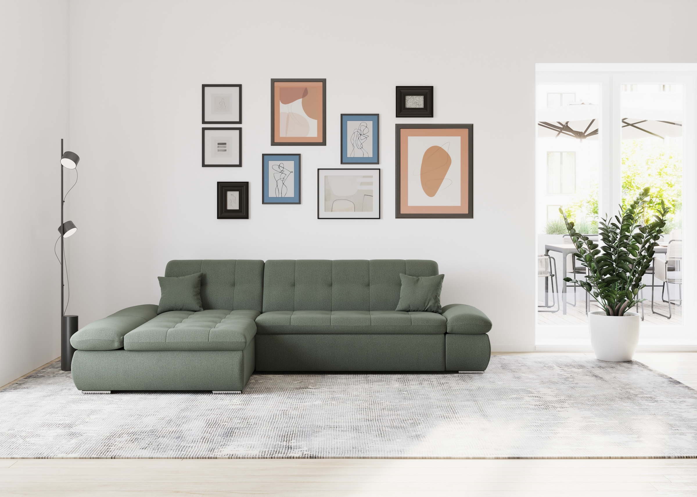 DOMO collection Ecksofa "MORIC 300x172 cm, XXL-Sofa mit viel Platz, L-Form, auch in Cord" wahlweise mit Bettfunktion und Armteilverstellung, dunkelgrün