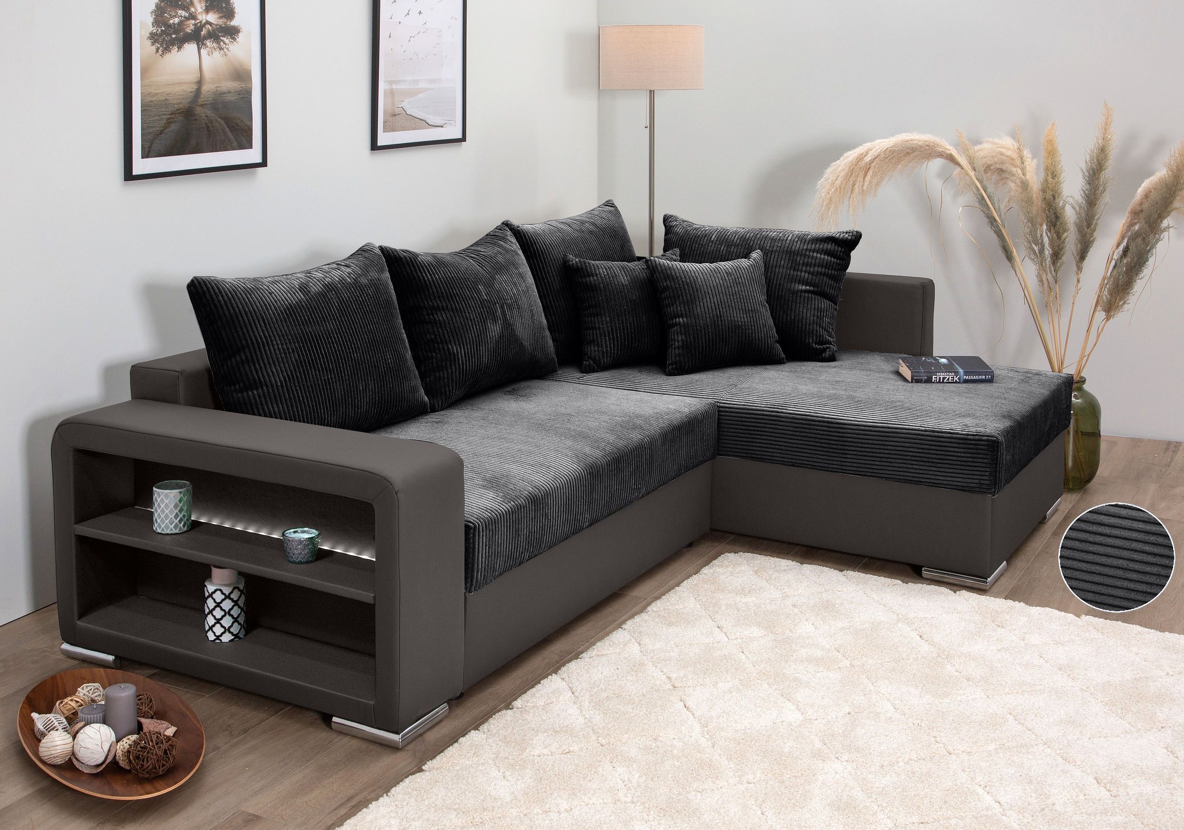 COLLECTION AB "John L-Form, B: 226 cm, Schlaffunktion & Bettkasten" Regalelement mit Licht, Couch mit Federkern, 2 Zierkissen