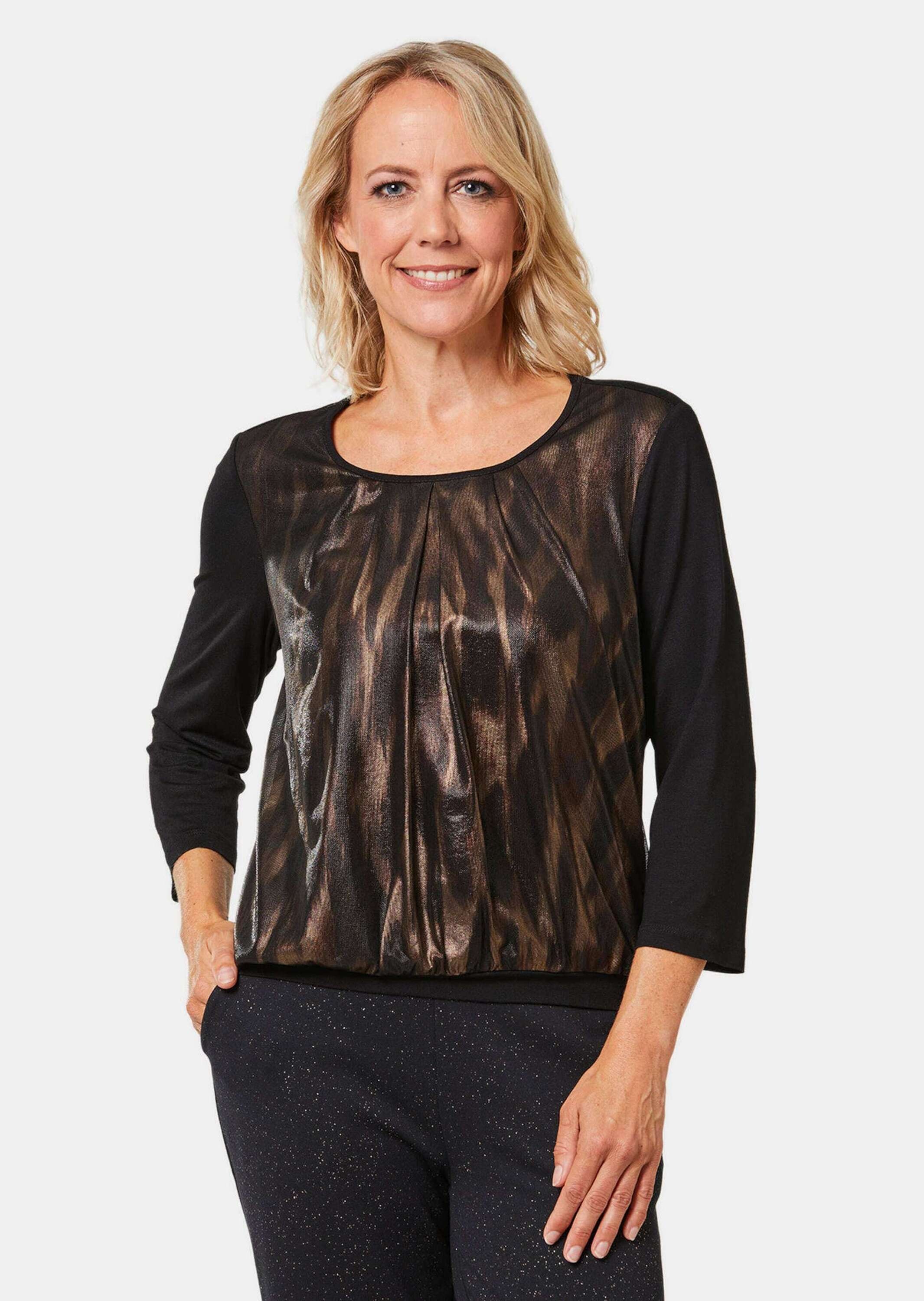 GOLDNER Kurzarmbluse "Kurzgröße Stretch-Blusenshirt mit Glanz-Druck" keine/ günstig online kaufen