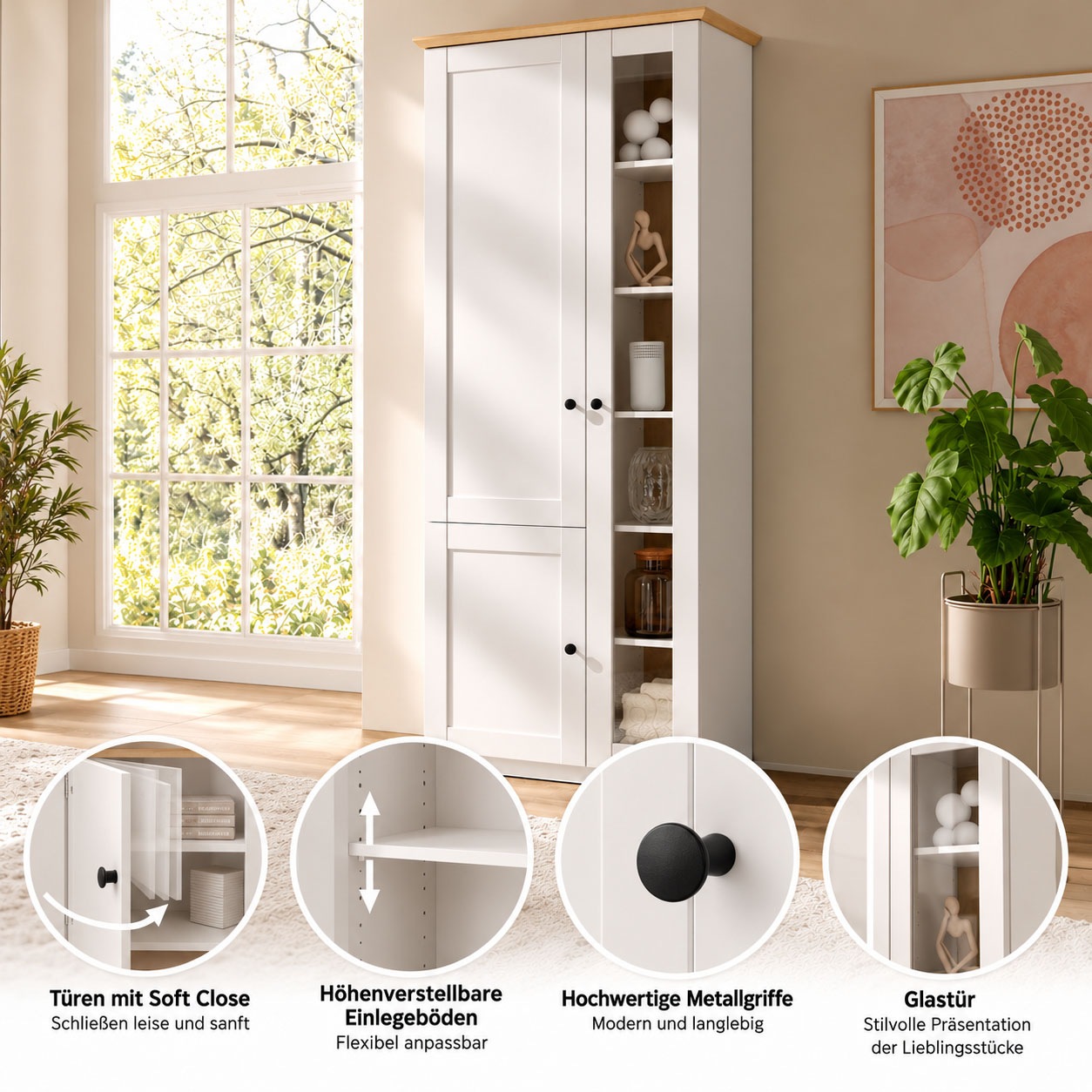 OTTO home Vitrine »Brest, Standvitrine im Landhausstil, Glasvitrine, Vitrinenschrank« schwarze Metallgriffe, ausreichend Stauraum, Glastür, 203 cm hoch