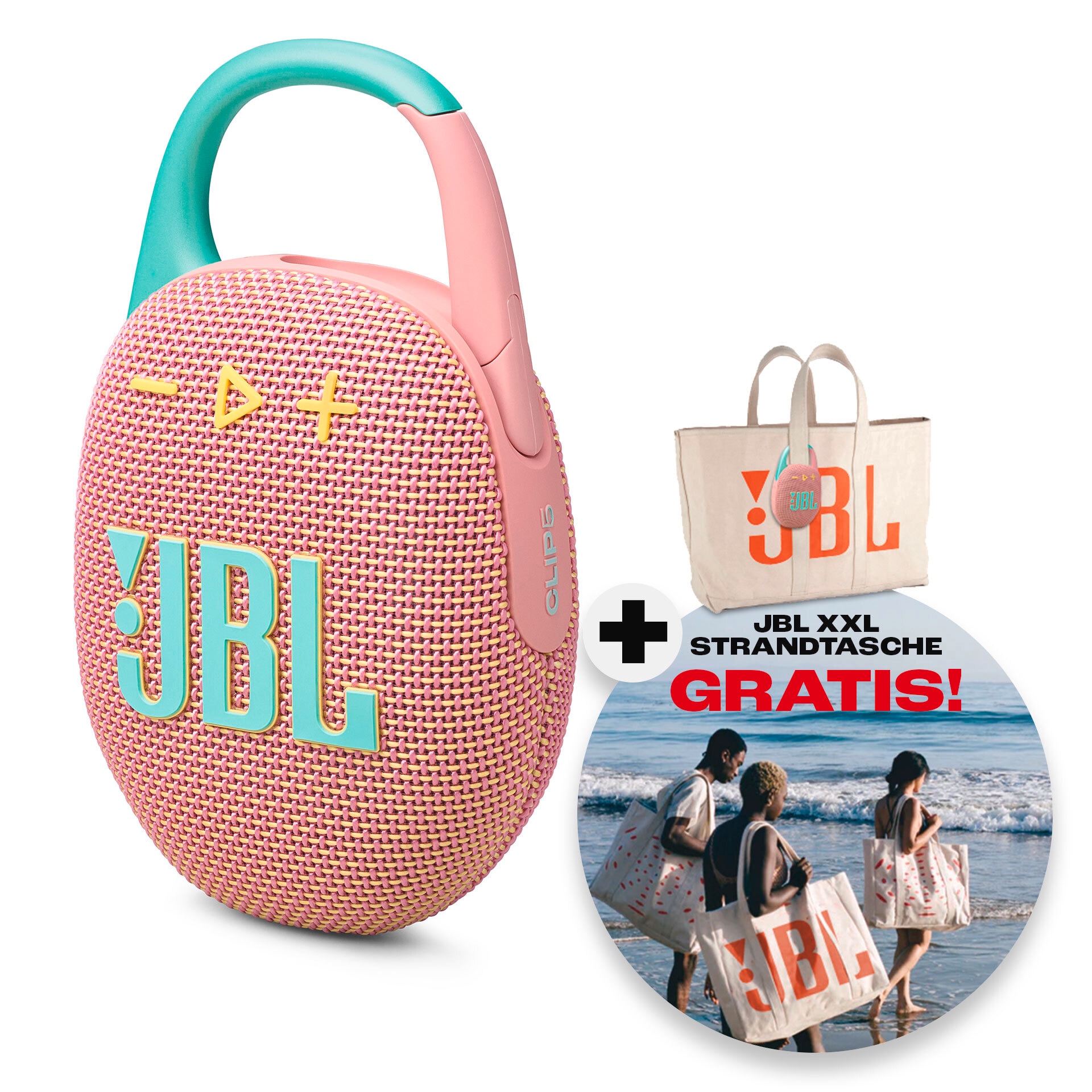 JBL Portable-Lautsprecher »Clip 5 (+ Gratis dazu: XXL-Strandtasche)«, ultra-kompakt, wasser- und staubgeschützt (IP67), 7 Watt RMS
