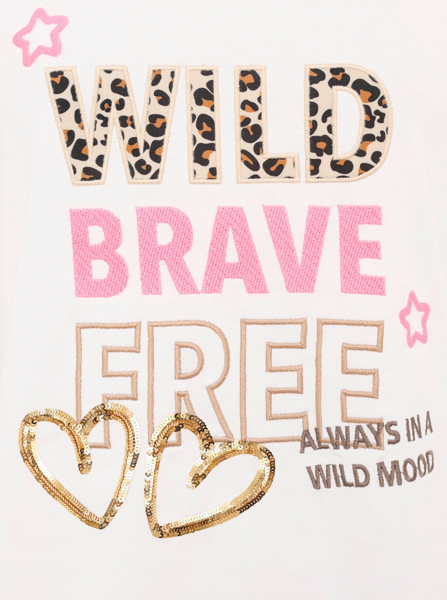 Thumbnail - Zwillingsherz T-Shirt ""Wild Brave Free"", Leo-Muster, Pailletten, Kurzarm, Rundhalsausschnitt, Schriftzüge