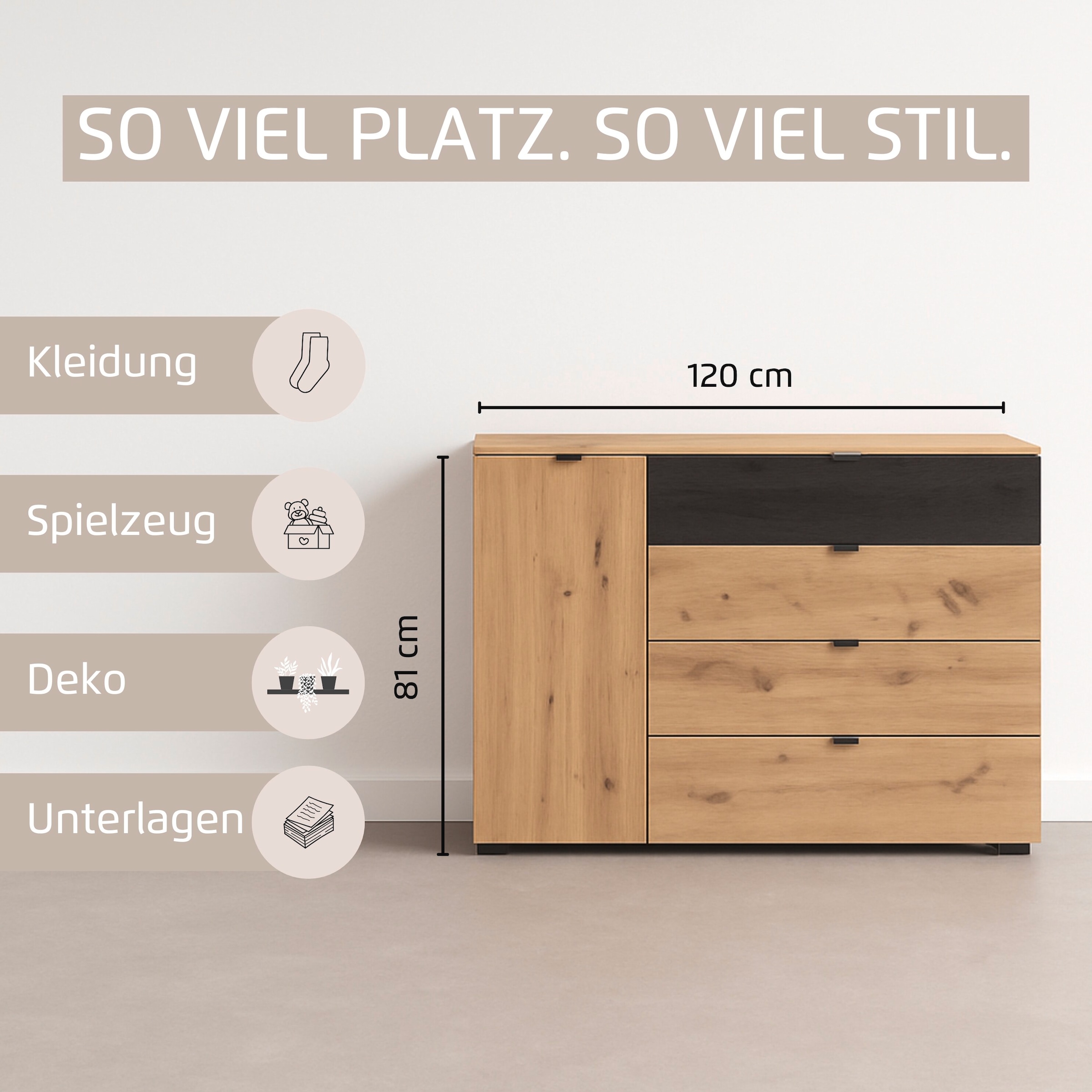 rauch Kombikommode »Sideboard Kombikommode Schubladenkommode APOLLON« Breite 120 cm, Höhe 81 cm,  1 Tür, 4 breite Schubladen, Einlegeböden verstellbar MADE IN GERMANY