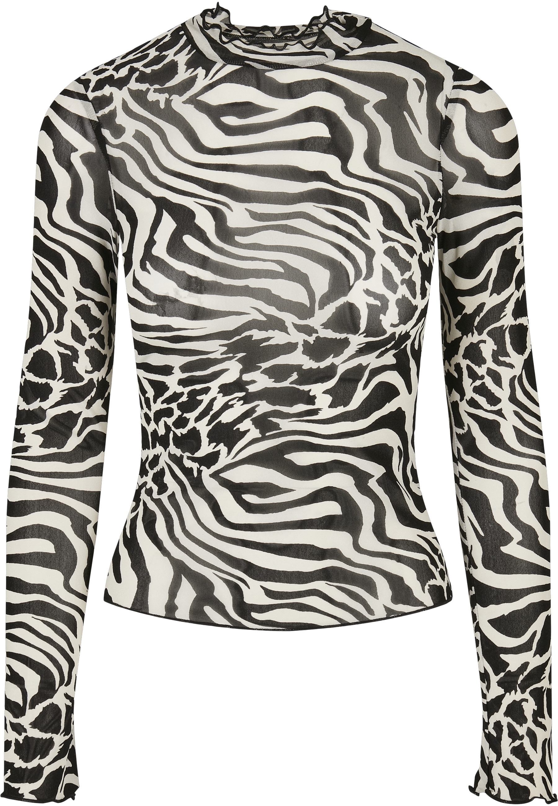 Langarmshirt URBAN CLASSICS "Urban Classics Damen Ladies AOP Mesh Turtleneck Longsleeve", Mädchen, Gr. S, weiß, schwarz, 94% Polyamid, 6% Elasthan, bedruckt, slim fit, amerikanischer Ausschnitt, Shirts Langarmshirt