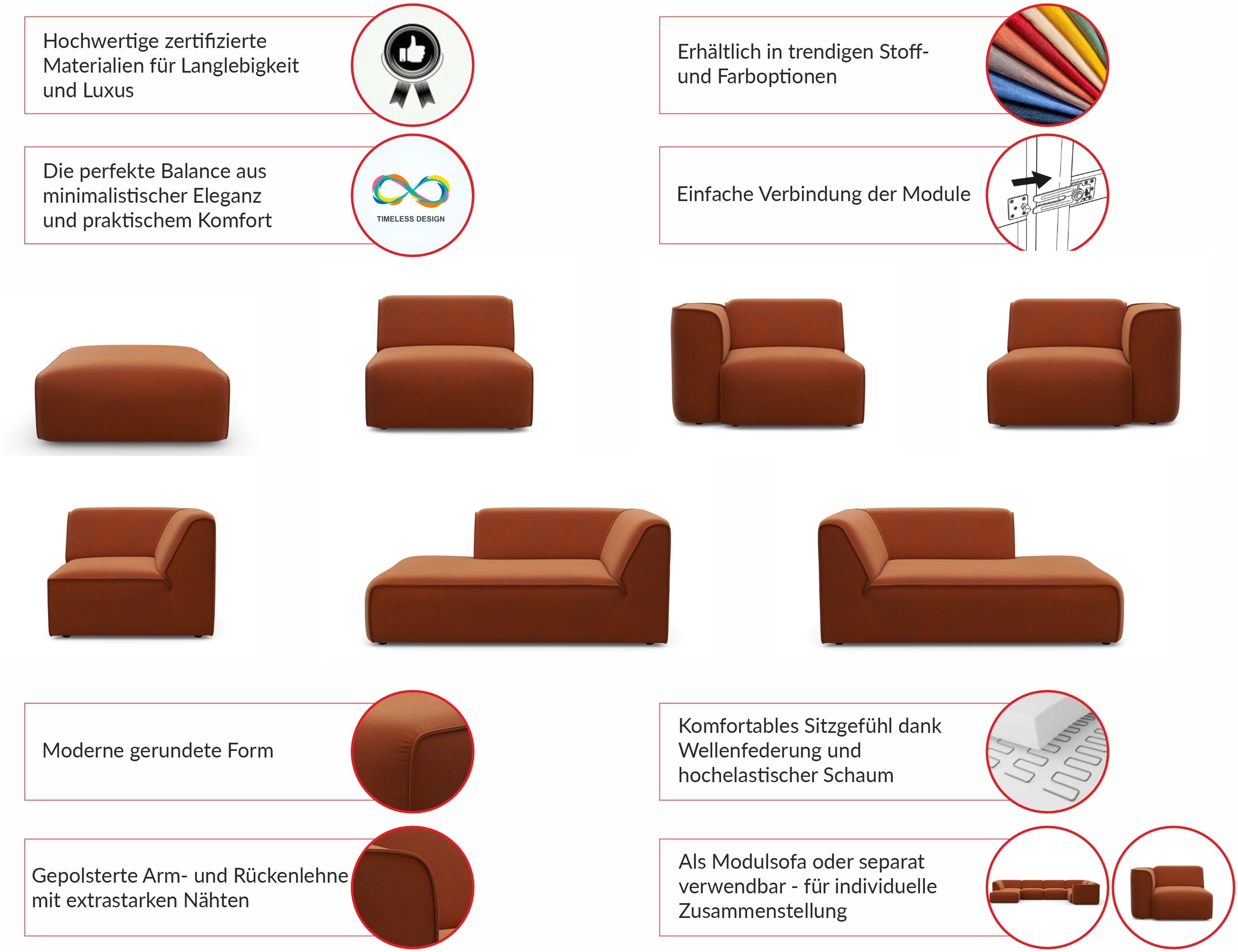 RAUM.ID Sessel »Merid Sofa-Eckelement, Maße B/T/H: 109/97/46 cm«, als Modul oder separat verwendbar, für individuelle Zusammenstellung