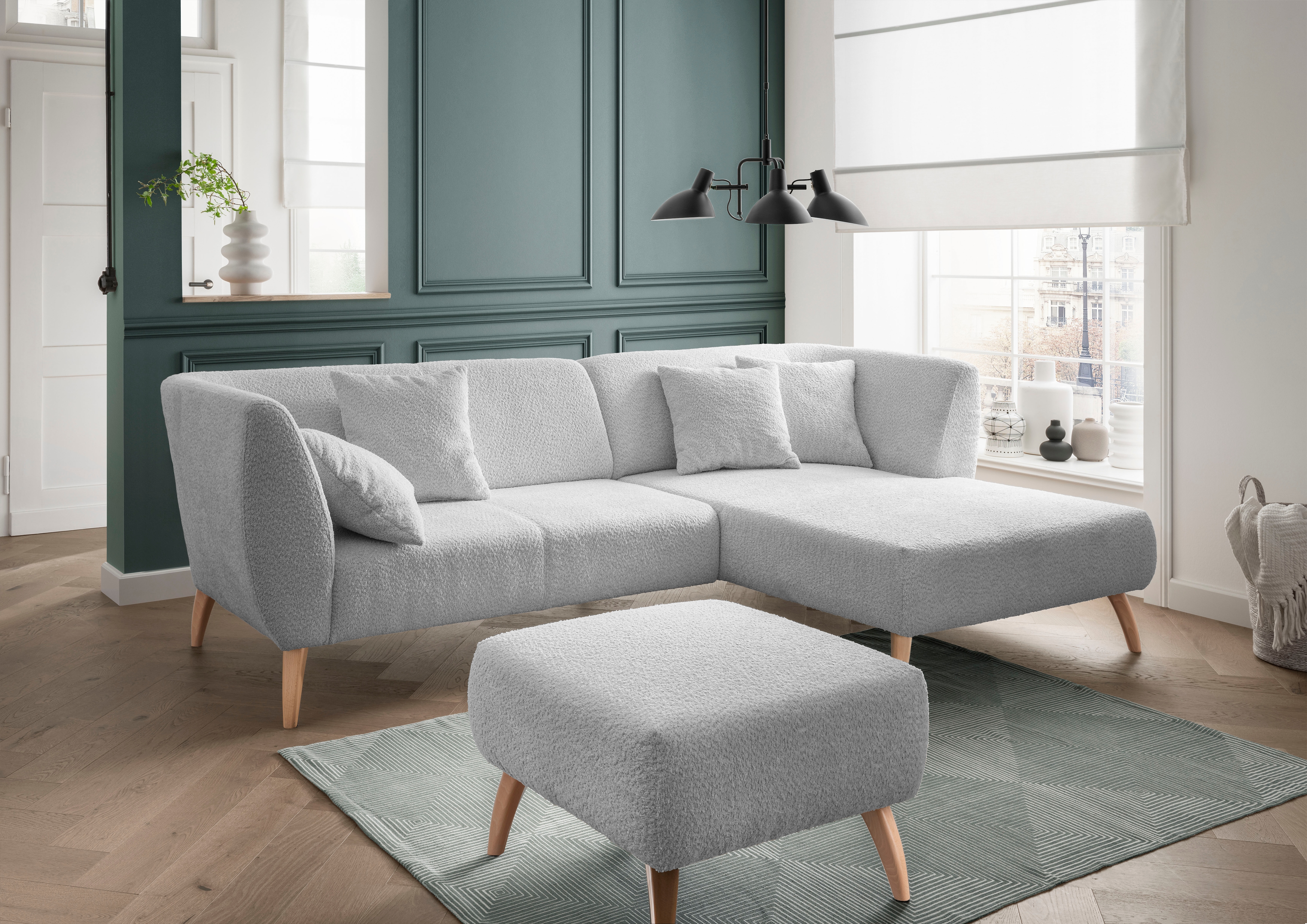 Home affaire Ecksofa "Lazio modern und bequem, schmale Armlehnen, tolle Detailverarbeitung" Holzfußfarbe wählbar, inkl. 4x Zierkissen