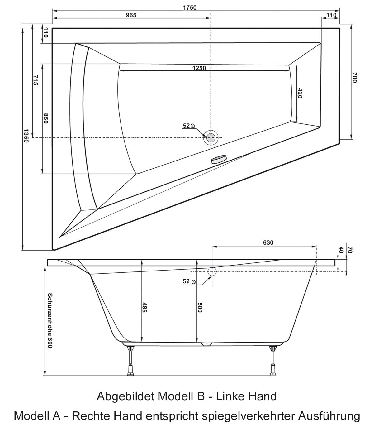 OTTOFOND Whirlpool-Badewanne »Galia II Mod. B«, (Set), 175x135 cm