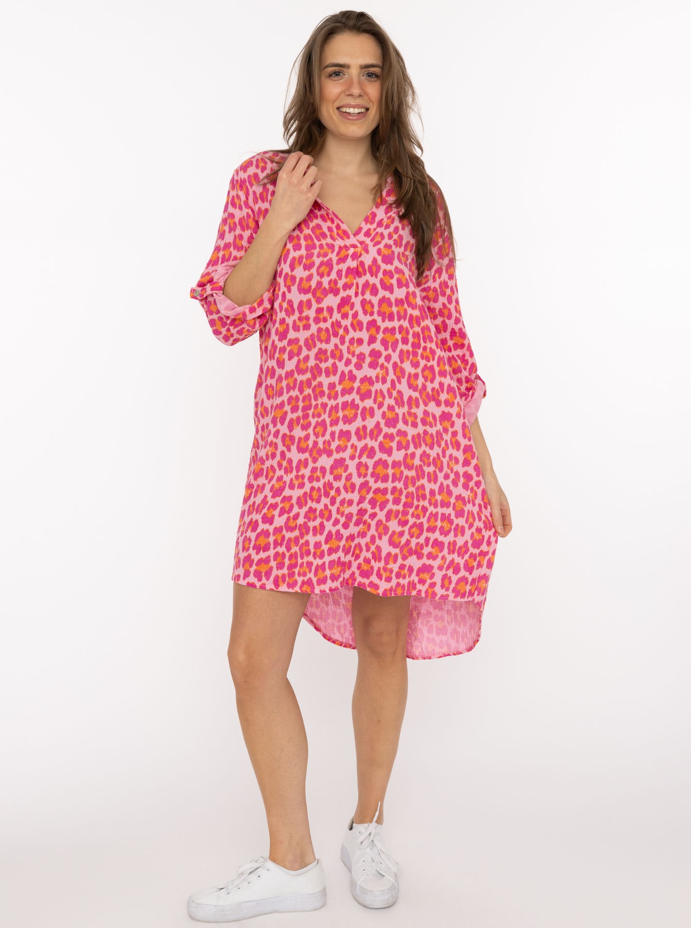 Zwillingsherz Blusentop ""Rom"" Turn-Up Ärmel, V-Neck. Leo-Muster, Musselin