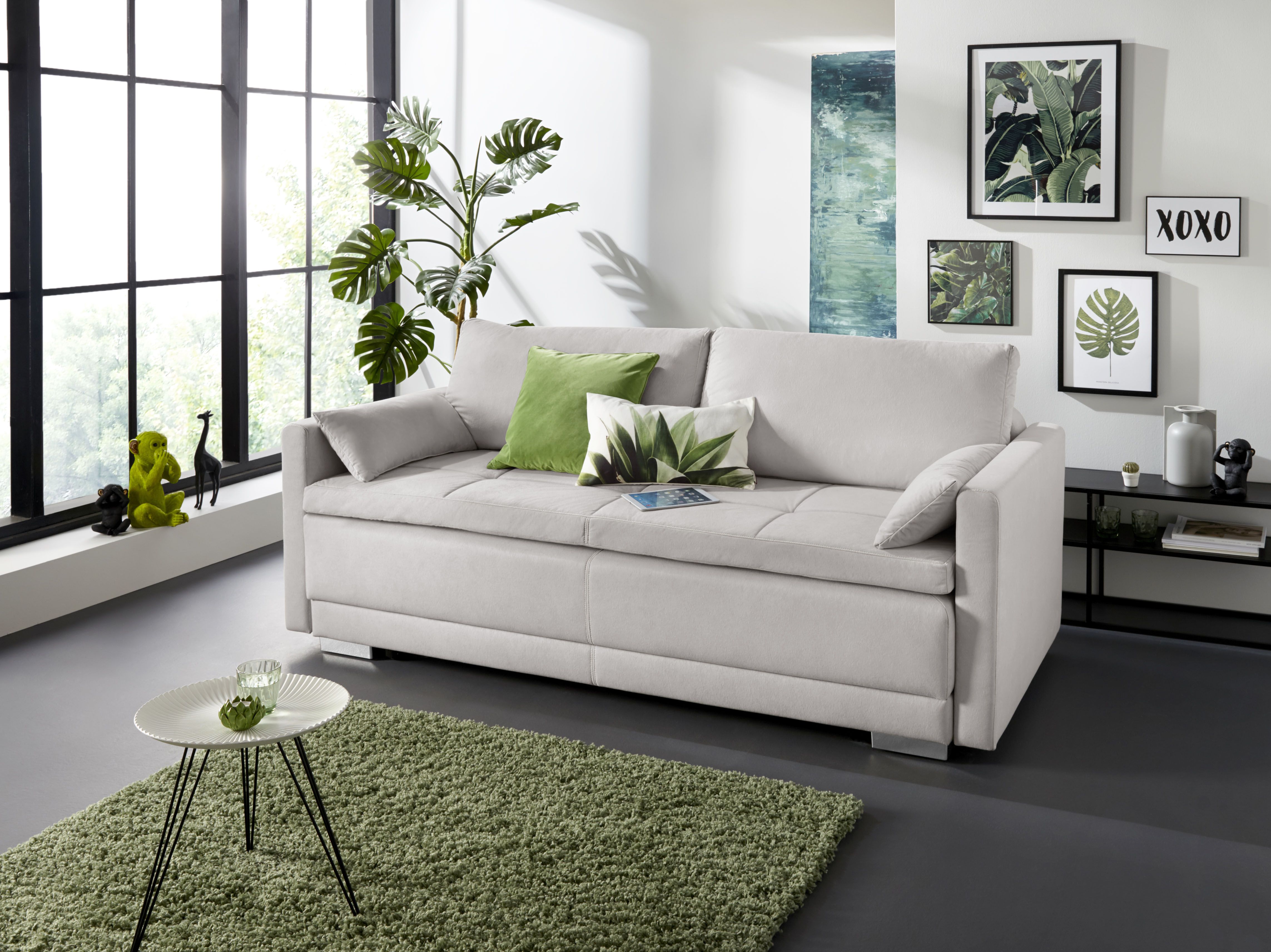 OTTO home Schlafsofa "Berlin, B: 218 cm, Liegel. 160x198 cm, Boxspring" Dauerschlafsofa mit Boxspring inklusive 2 Zierkissen & Bettkasten