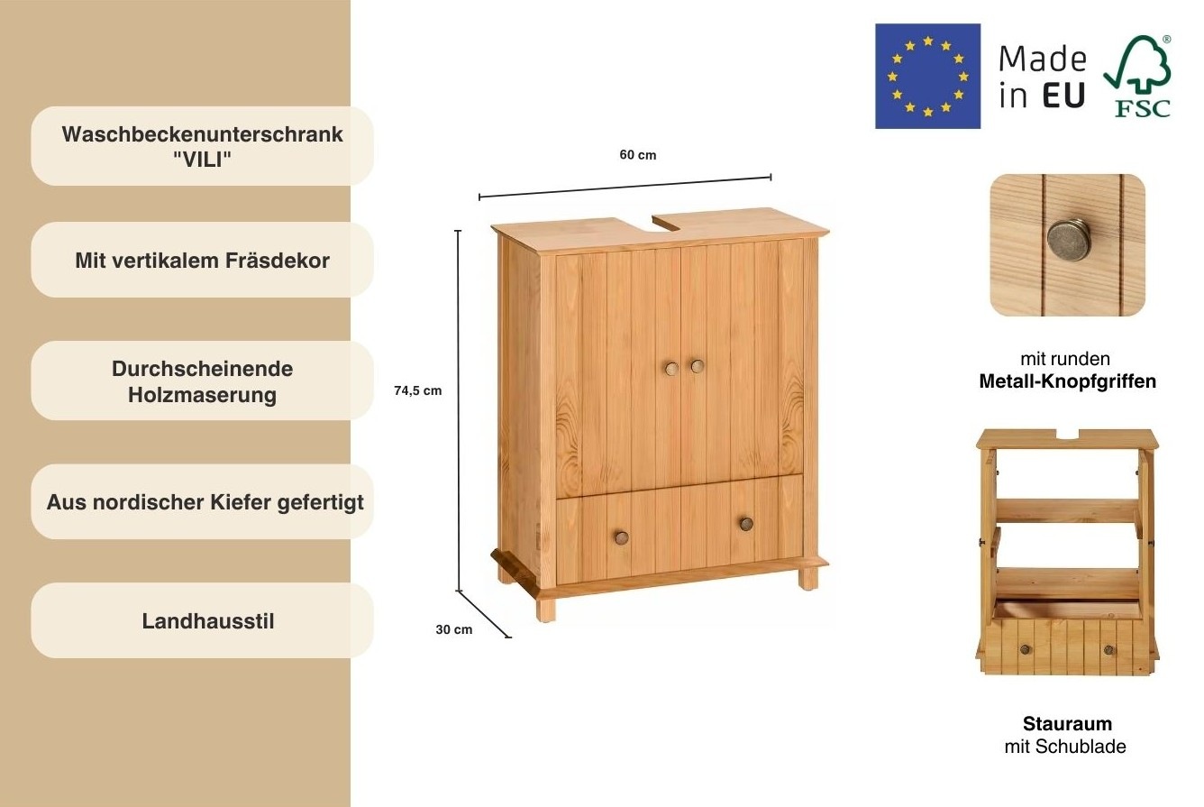 Home affaire Waschbeckenunterschrank »Vili«, Badezimmerschrank, Badunterschrank mit Schublade, aus Massivholz