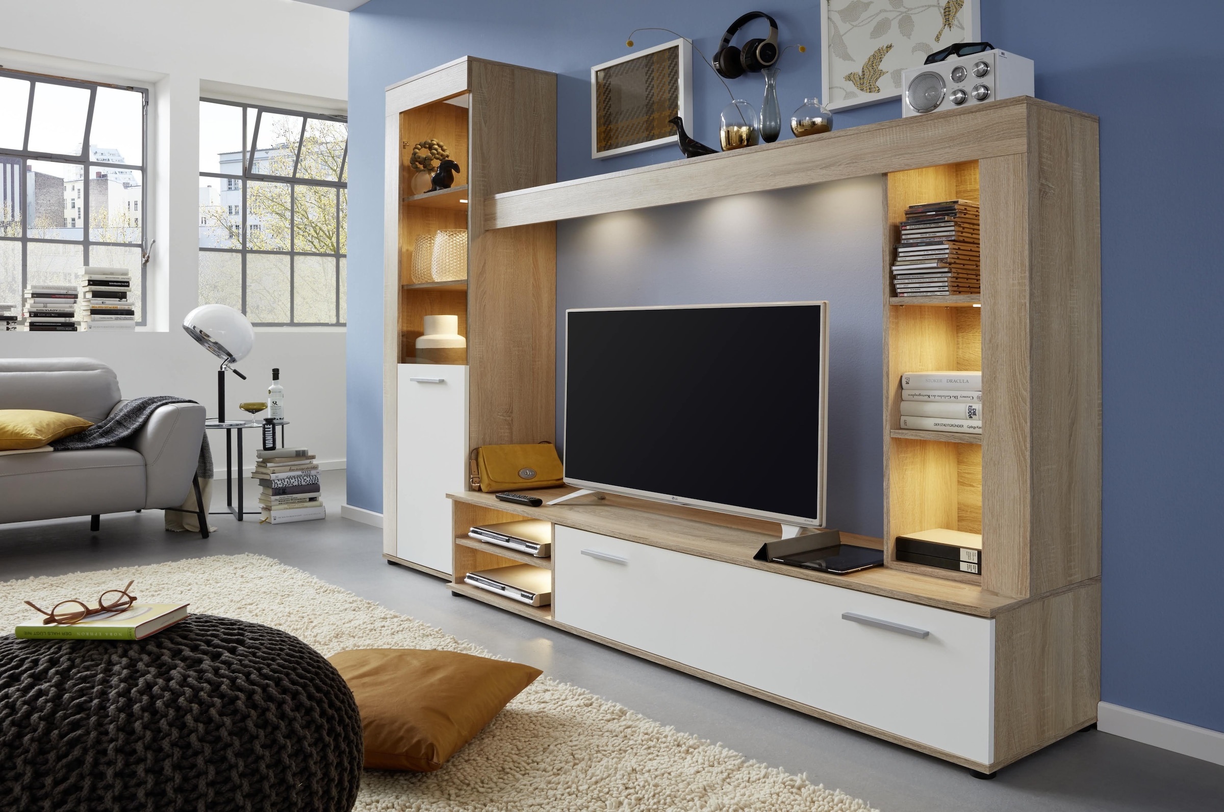 INOSIGN Wohnwand »Laholm«, (Set, 4 St.), Anbauwand für Fernseher bis 65 Zoll - Maße (B/T/H) 240/41/185 cm