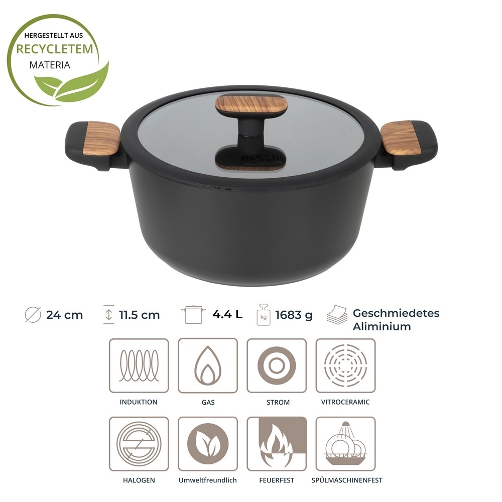 RESTO Kitchenware Kochtopf »Mon, Bratentopf antihaftbeschichtet und spülmaschinenfest«, Aluminium, (2 tlg.), mit Glasdeckel und stoßdämpfendem Silikonrand, im Geschenkkarton