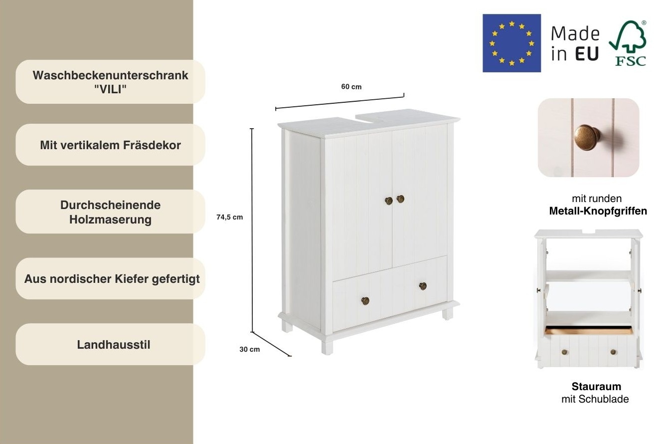 Home affaire Waschbeckenunterschrank »Vili«, Badezimmerschrank, Badunterschrank mit Schublade, aus Massivholz
