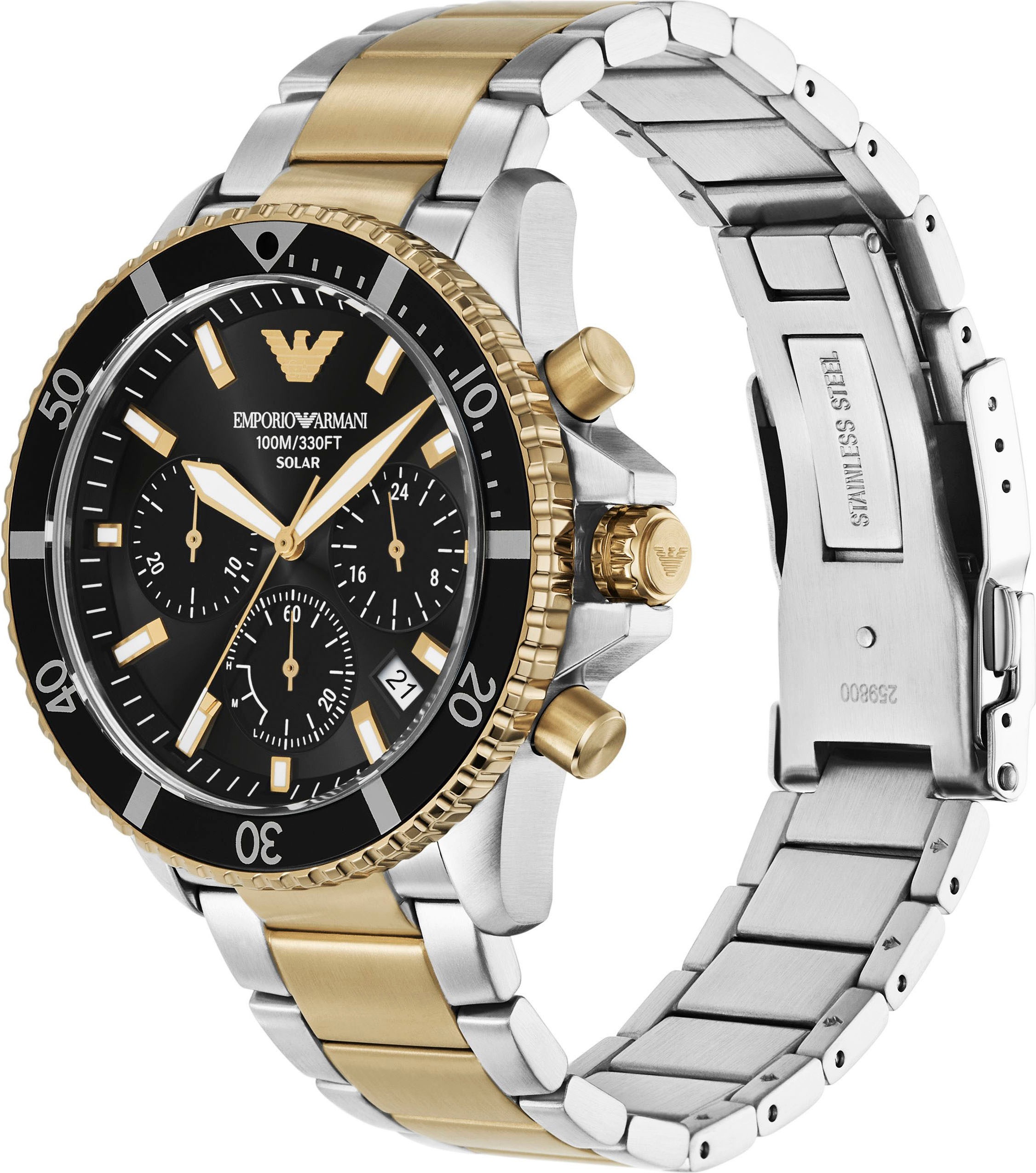 Emporio Armani Chronograph, Armbanduhr, Solar, Herrenuhr, Edelstahlarmband, analog, Tag