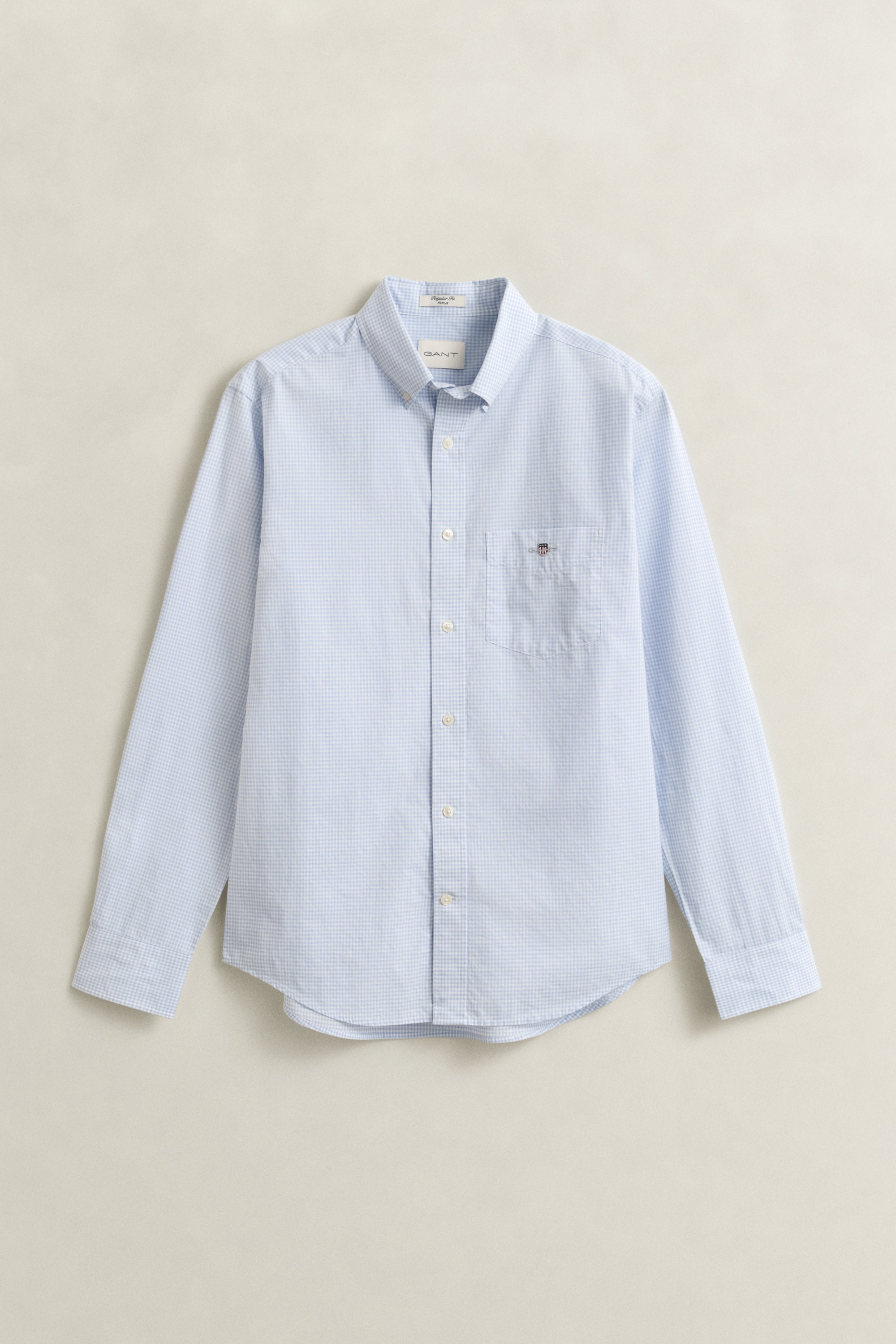 Langarmhemd GANT "REG CLASSIC POPLIN GINGHAM SHIRT", Herren, Gr. M, N-Gr, light blau, Popeline, Obermaterial: 100% Baumwolle, kariert, regular fit hüftbedeckend, 1-Knopf-Manschette, Hemden, mit Logostickerei, Baumwoll-Popeline 3