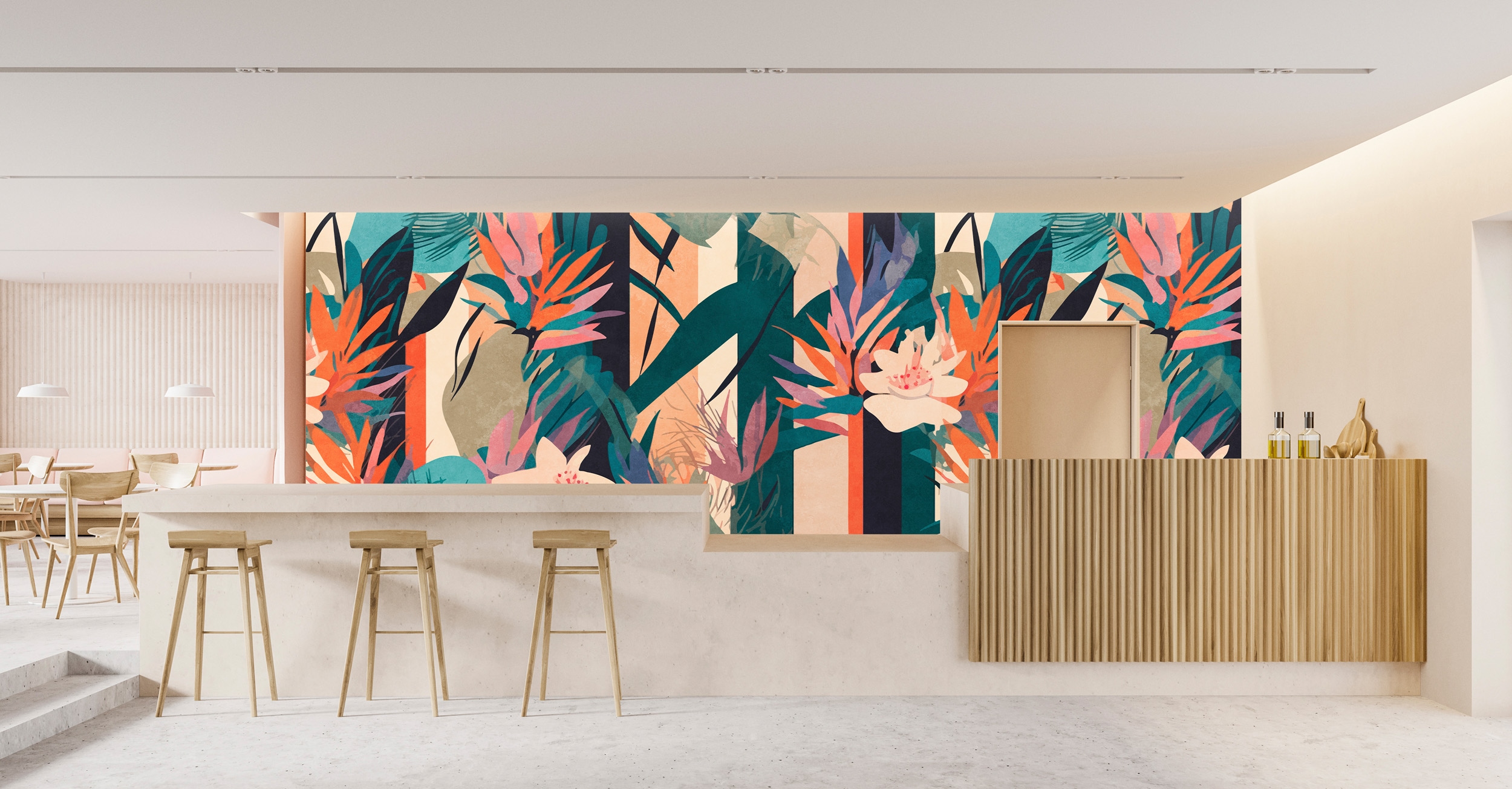 living walls Vliestapete "Tropen-Tapete Bunt Creme Orange Exotisch Blumen" matt glatt