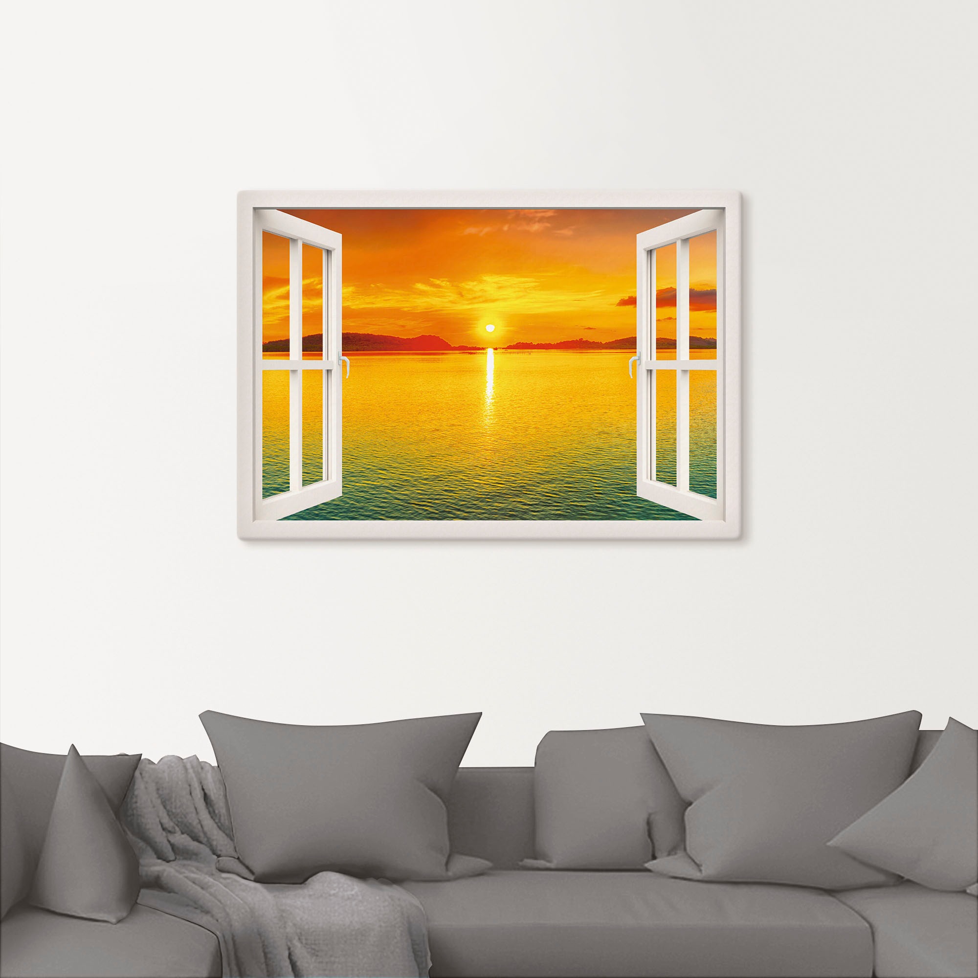 Artland Wandbild »Fensterblick - Sonnenuntergangspanorama«, Fensterblick, (1 St.), als Leinwandbild, Wandaufkleber in verschied. Größen